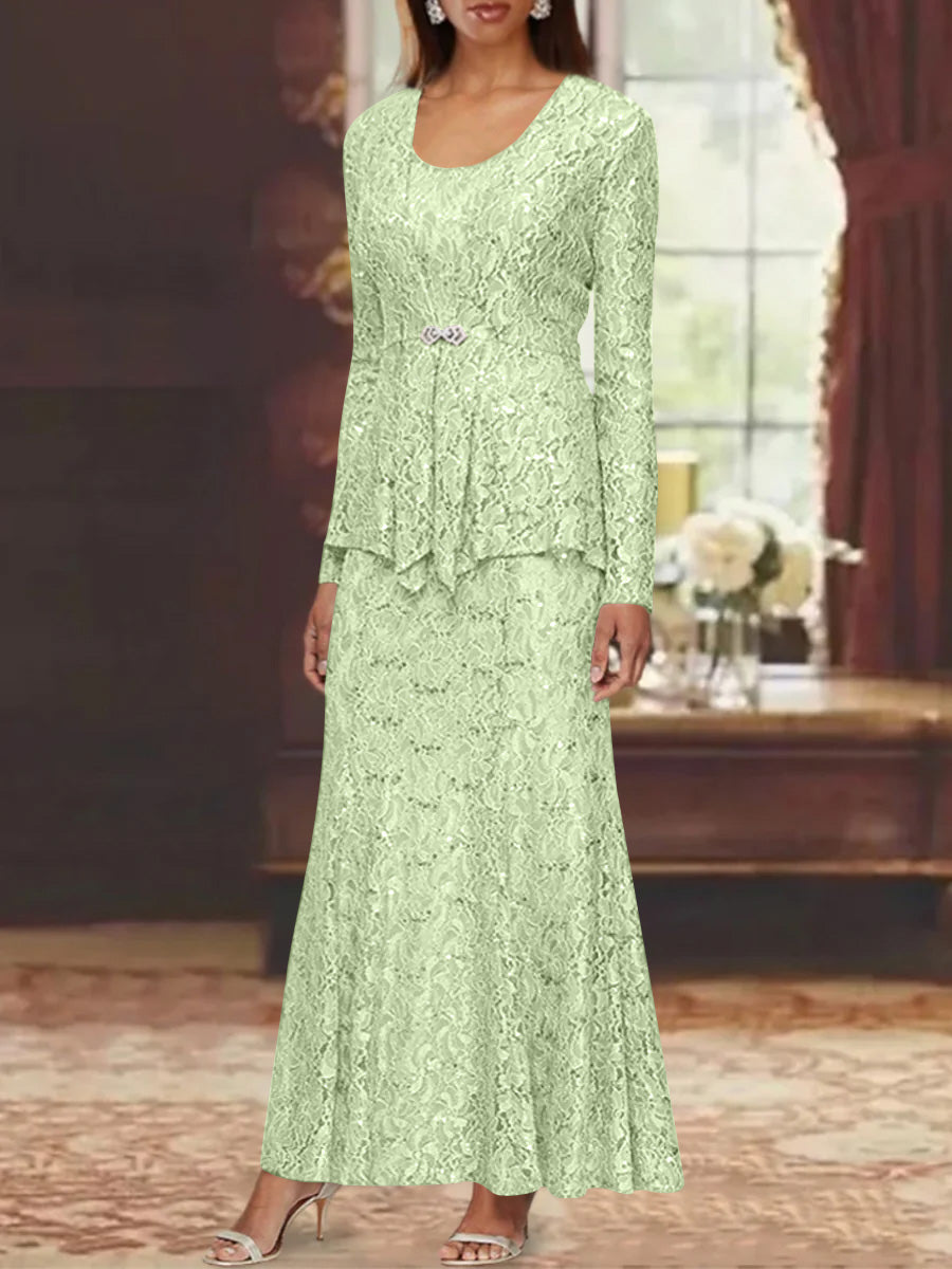 A Line Princess 2 Pieces Scoop Lace Mother Of The Bride Dresses With Jacket Long Sleeves Ankle Length
