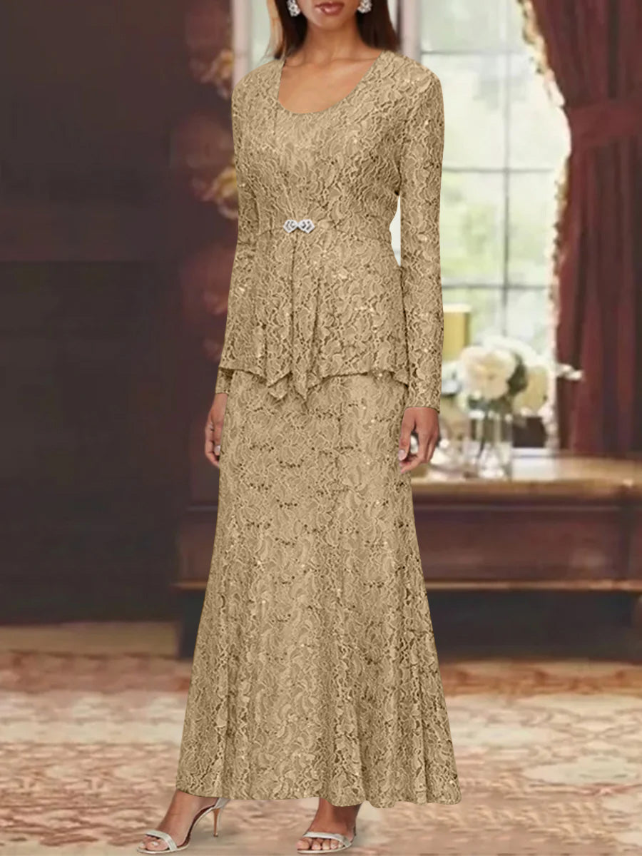 A Line Princess 2 Pieces Scoop Lace Mother Of The Bride Dresses With Jacket Long Sleeves Ankle Length