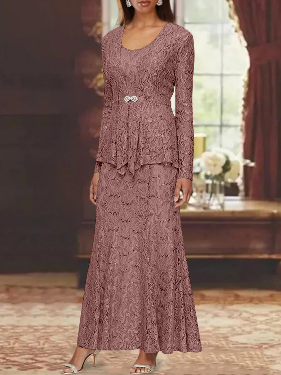 A Line Princess 2 Pieces Scoop Lace Mother Of The Bride Dresses With Jacket Long Sleeves Ankle Length
