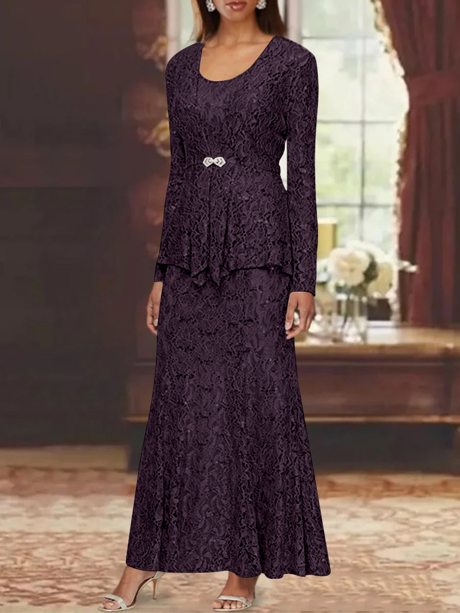 A Line Princess 2 Pieces Scoop Lace Mother Of The Bride Dresses With Jacket Long Sleeves Ankle Length