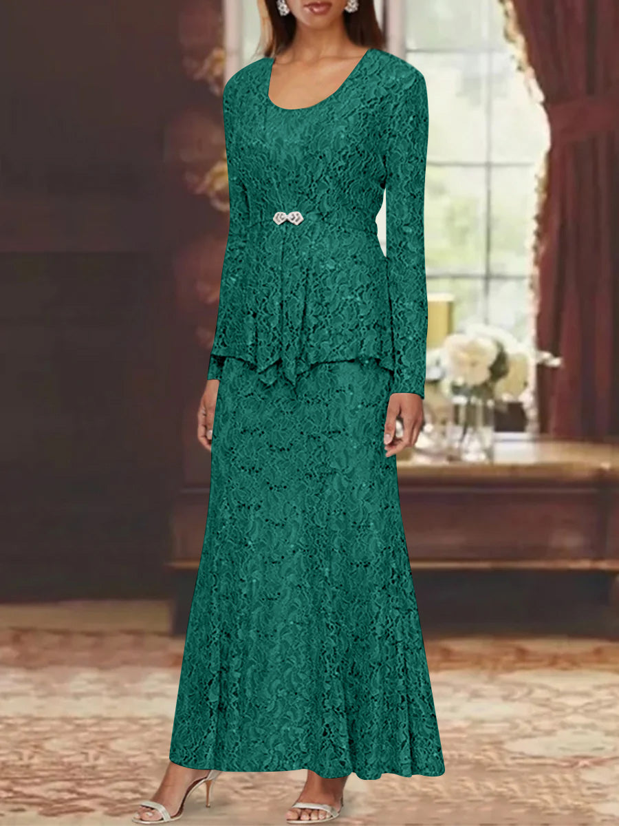 A Line Princess 2 Pieces Scoop Lace Mother Of The Bride Dresses With Jacket Long Sleeves Ankle Length