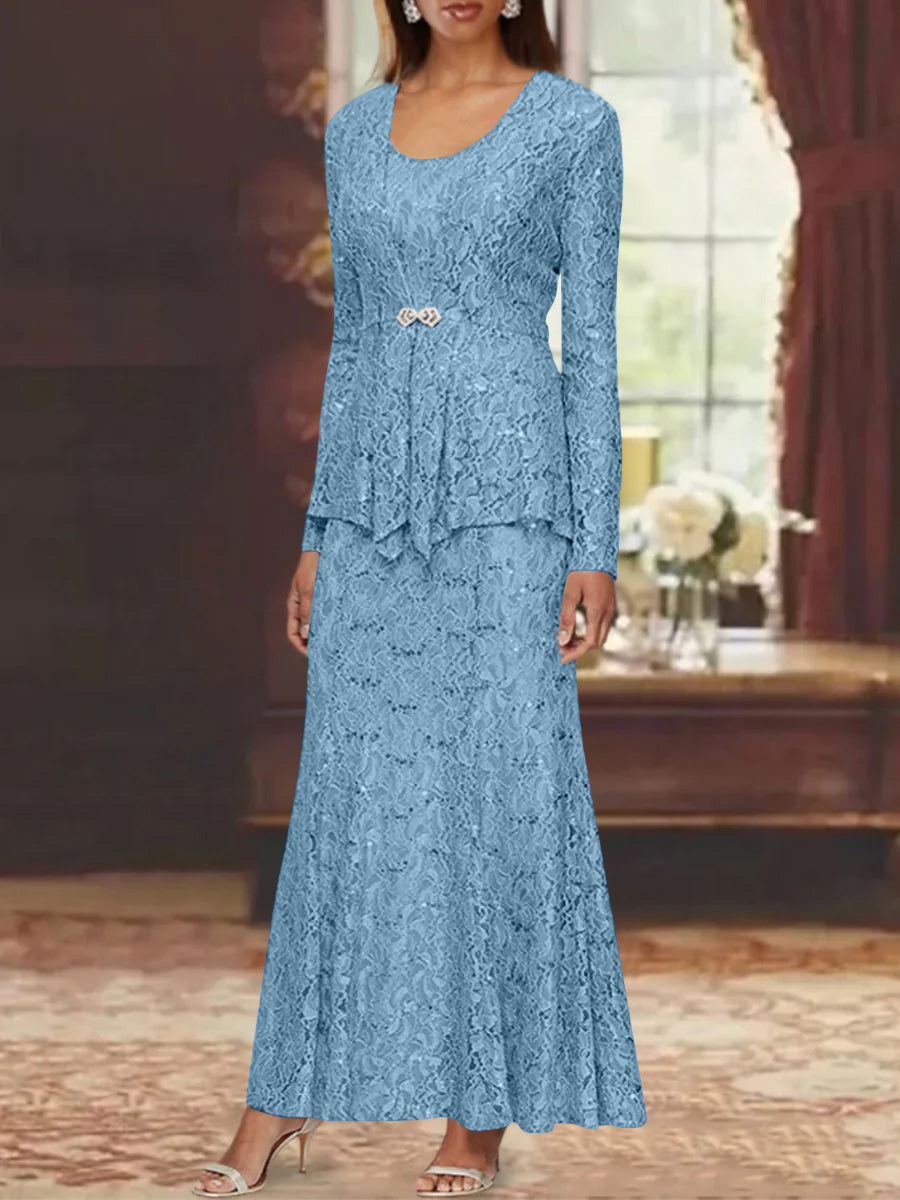 A Line Princess 2 Pieces Scoop Lace Mother Of The Bride Dresses With Jacket Long Sleeves Ankle Length