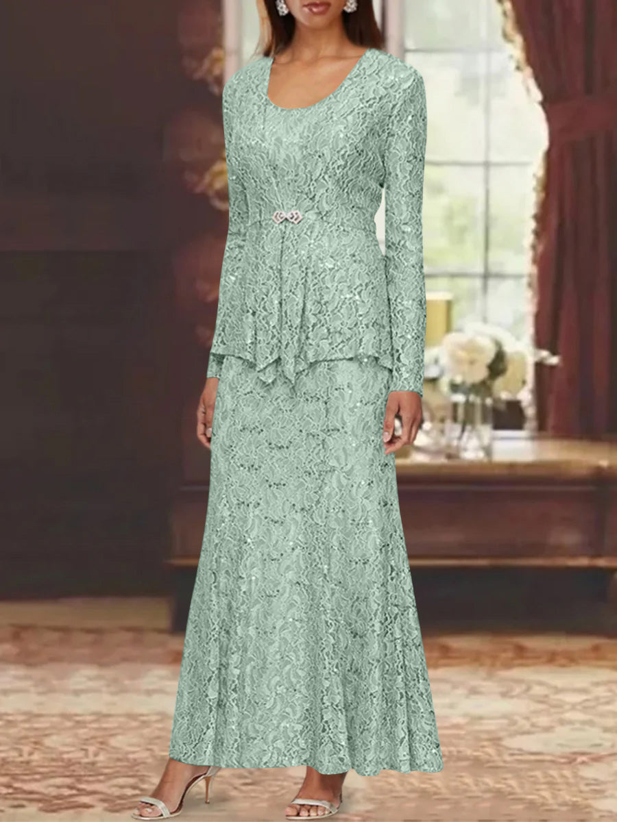 A Line Princess 2 Pieces Scoop Lace Mother Of The Bride Dresses With Jacket Long Sleeves Ankle Length