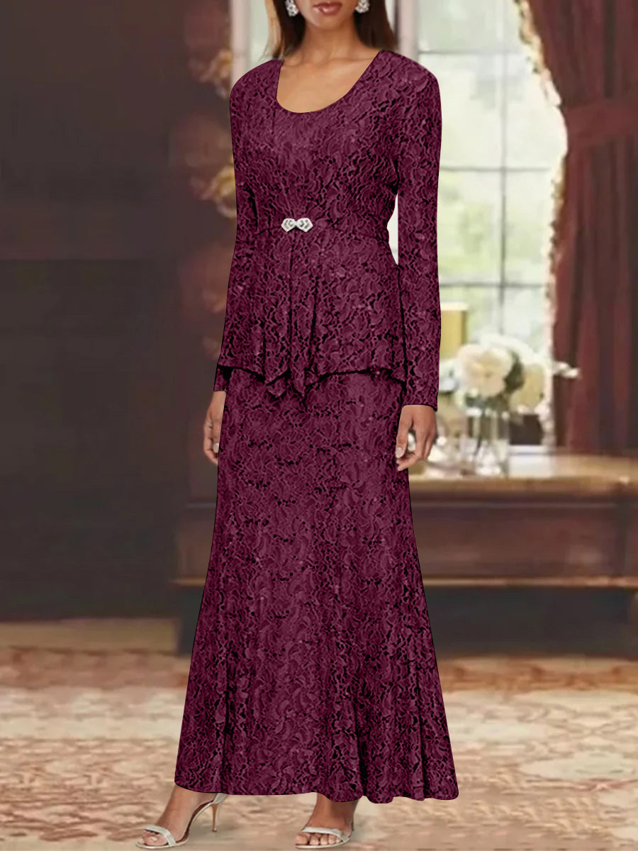 A Line Princess 2 Pieces Scoop Lace Mother Of The Bride Dresses With Jacket Long Sleeves Ankle Length