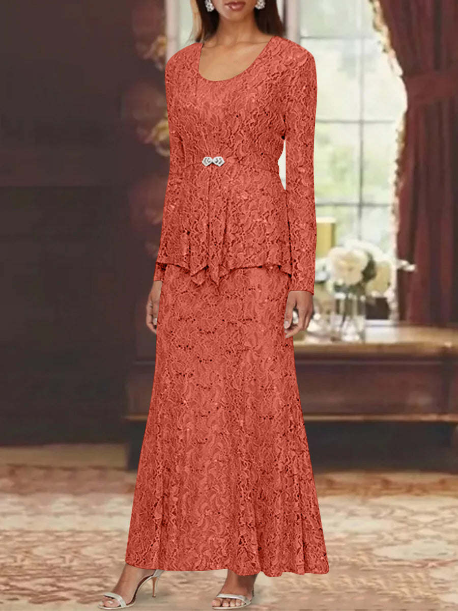A Line Princess 2 Pieces Scoop Lace Mother Of The Bride Dresses With Jacket Long Sleeves Ankle Length