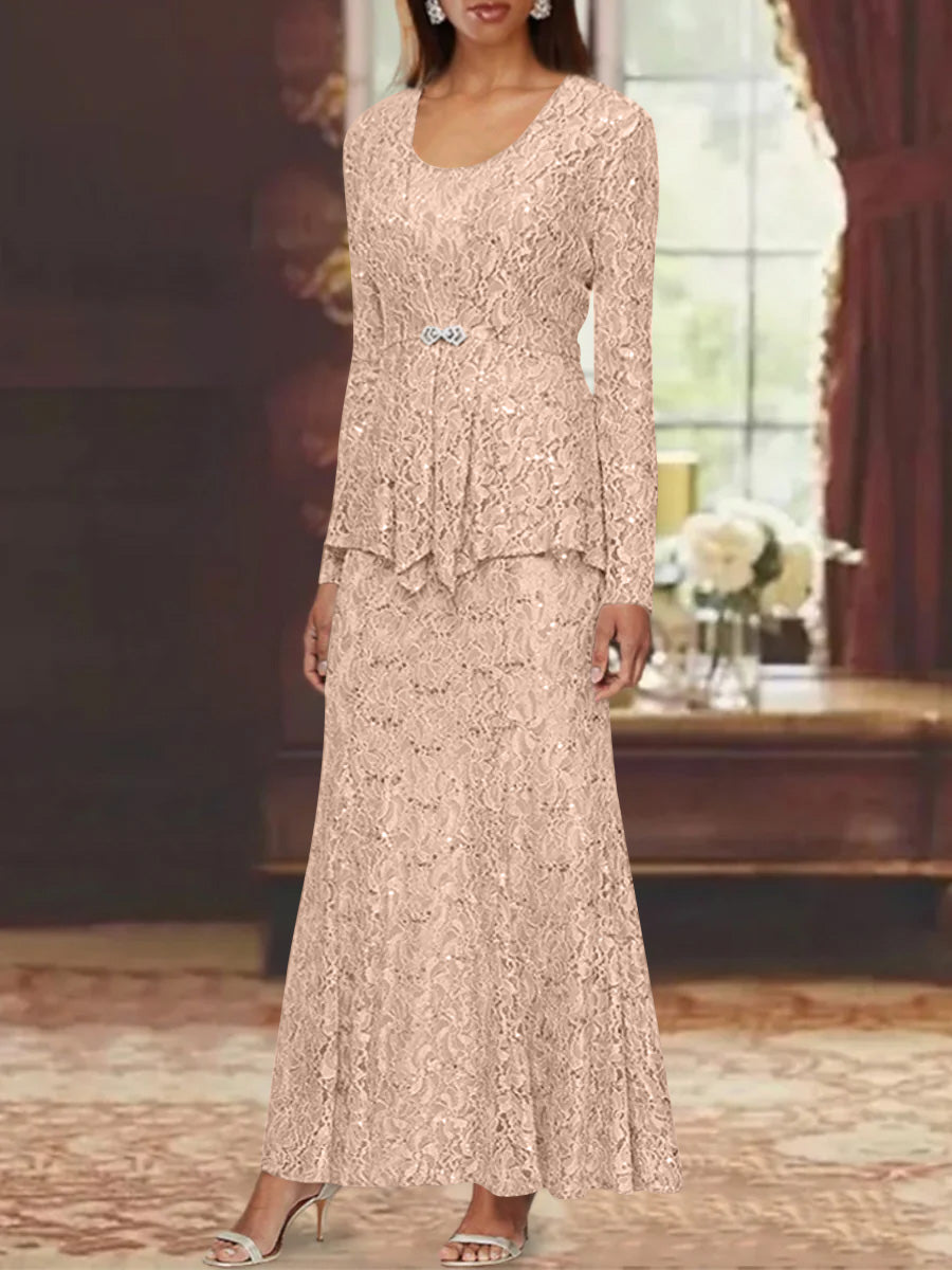 A Line Princess 2 Pieces Scoop Lace Mother Of The Bride Dresses With Jacket Long Sleeves Ankle Length