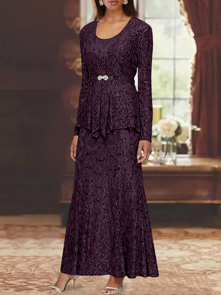 A Line Princess 2 Pieces Scoop Lace Mother Of The Bride Dresses With Jacket Long Sleeves Ankle Length