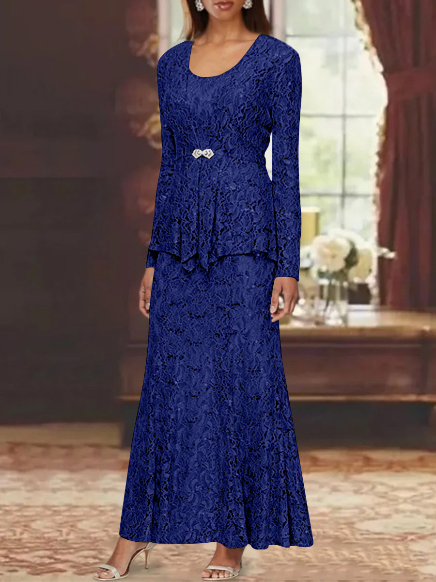 A Line Princess 2 Pieces Scoop Lace Mother Of The Bride Dresses With Jacket Long Sleeves Ankle Length