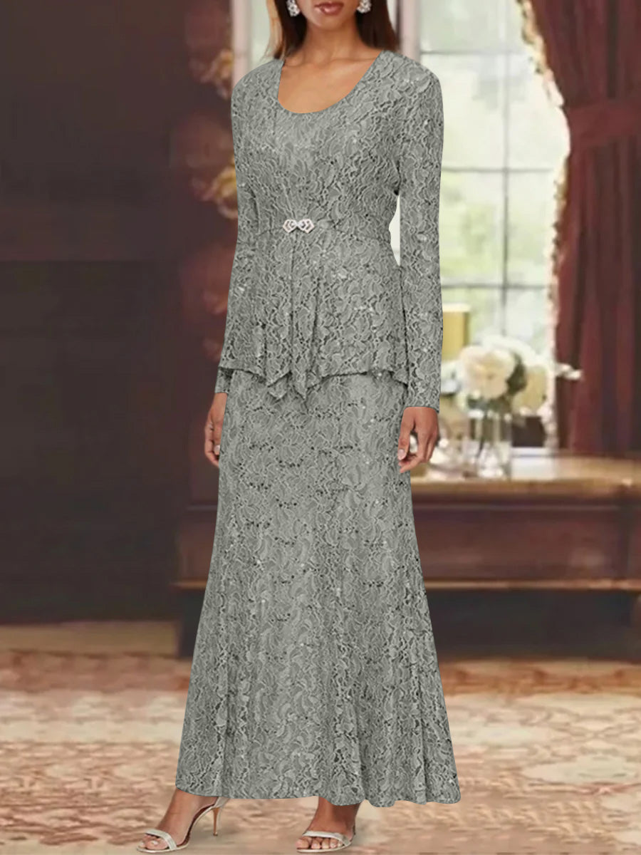 A Line Princess 2 Pieces Scoop Lace Mother Of The Bride Dresses With Jacket Long Sleeves Ankle Length