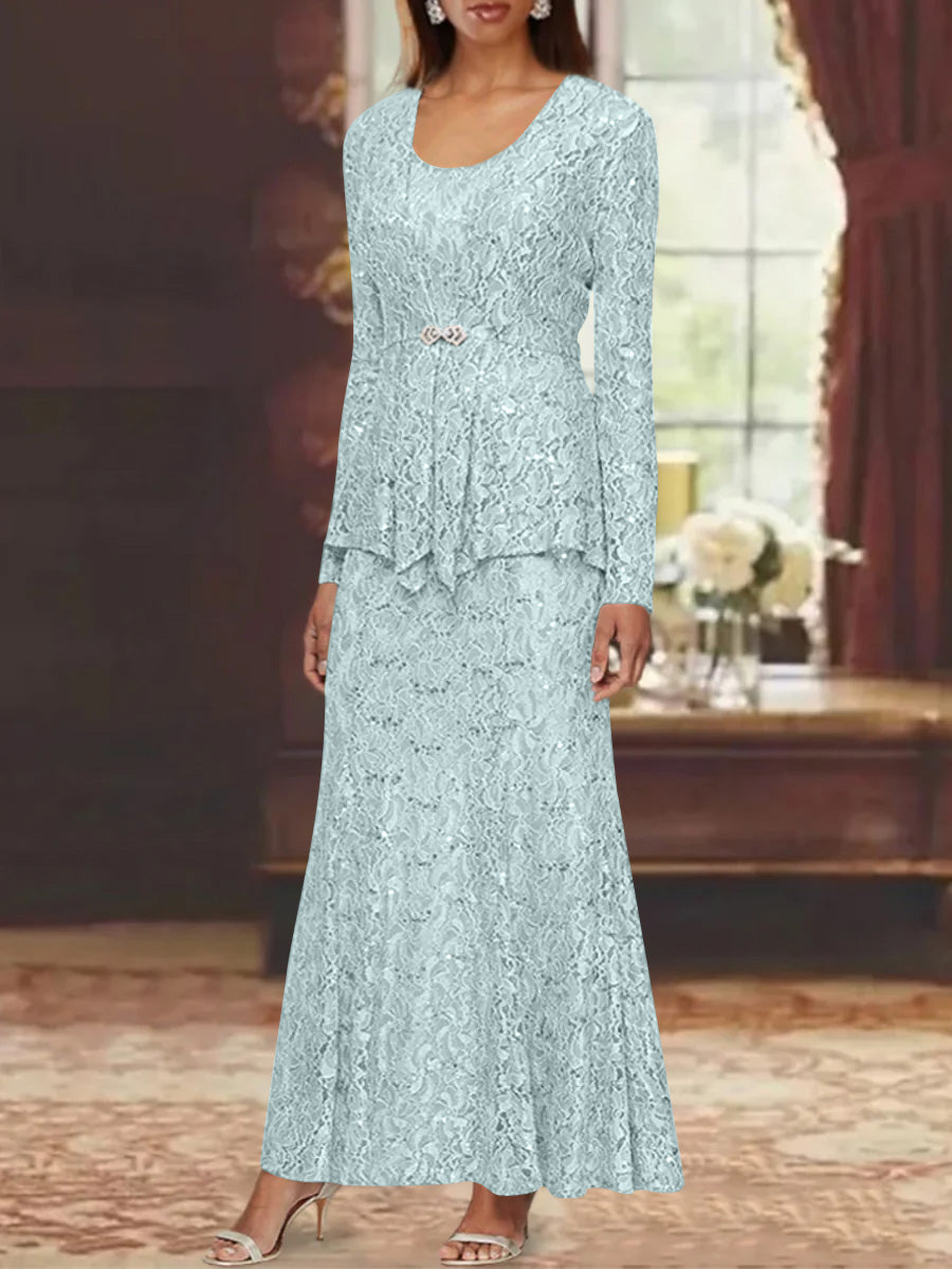 A Line Princess 2 Pieces Scoop Lace Mother Of The Bride Dresses With Jacket Long Sleeves Ankle Length