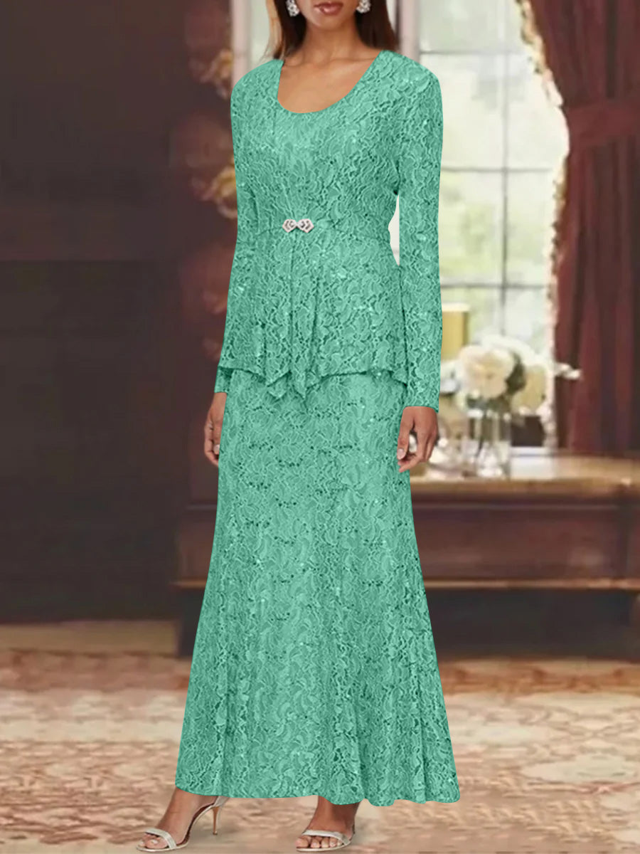 A Line Princess 2 Pieces Scoop Lace Mother Of The Bride Dresses With Jacket Long Sleeves Ankle Length