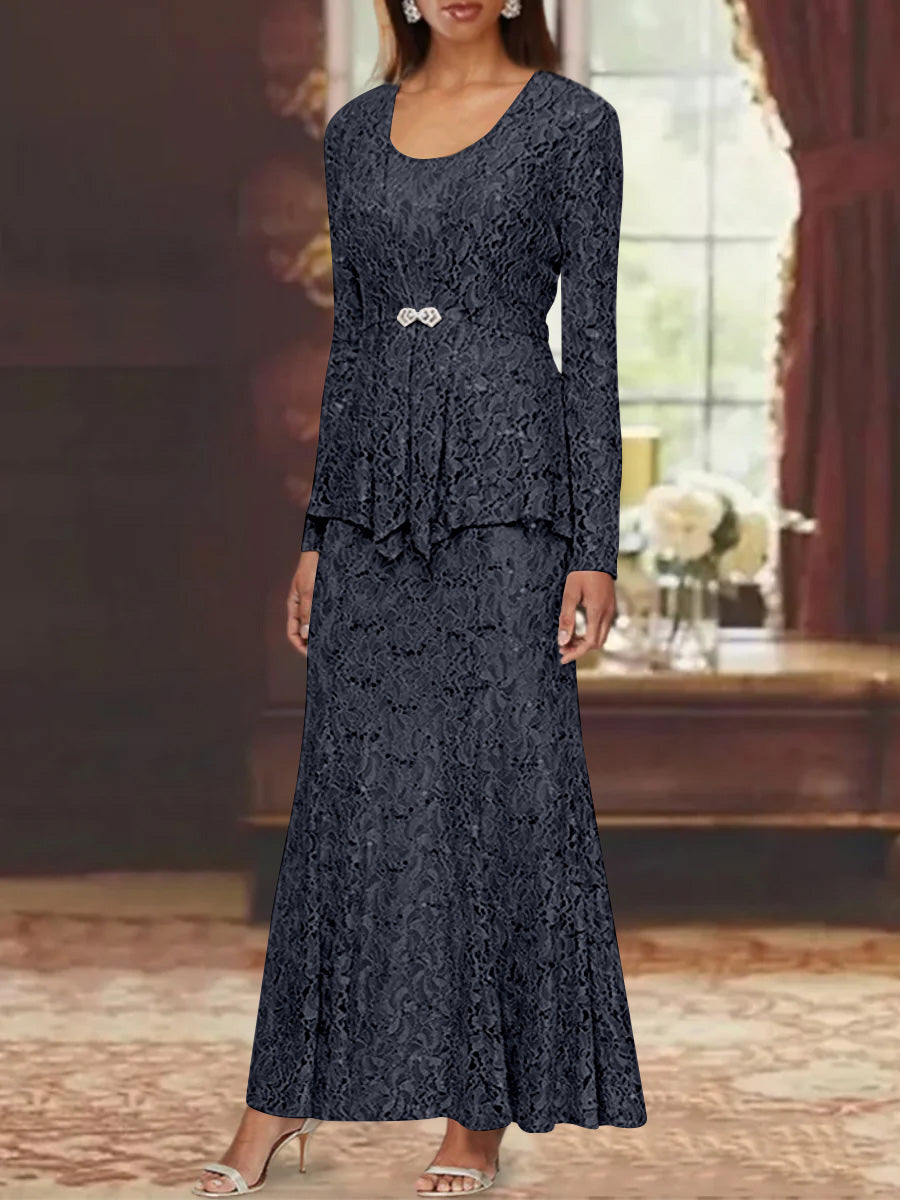 A Line Princess 2 Pieces Scoop Lace Mother Of The Bride Dresses With Jacket Long Sleeves Ankle Length