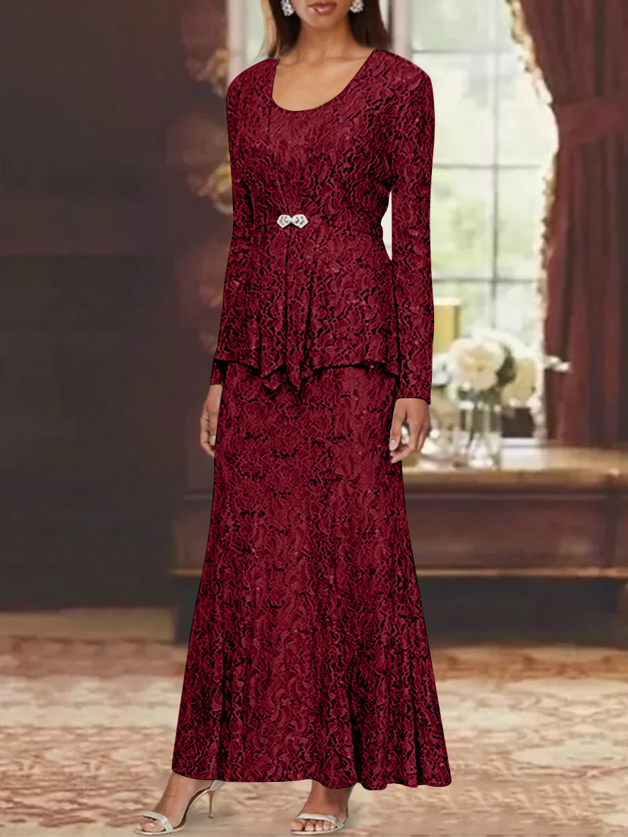 A Line Princess 2 Pieces Scoop Lace Mother Of The Bride Dresses With Jacket Long Sleeves Ankle Length
