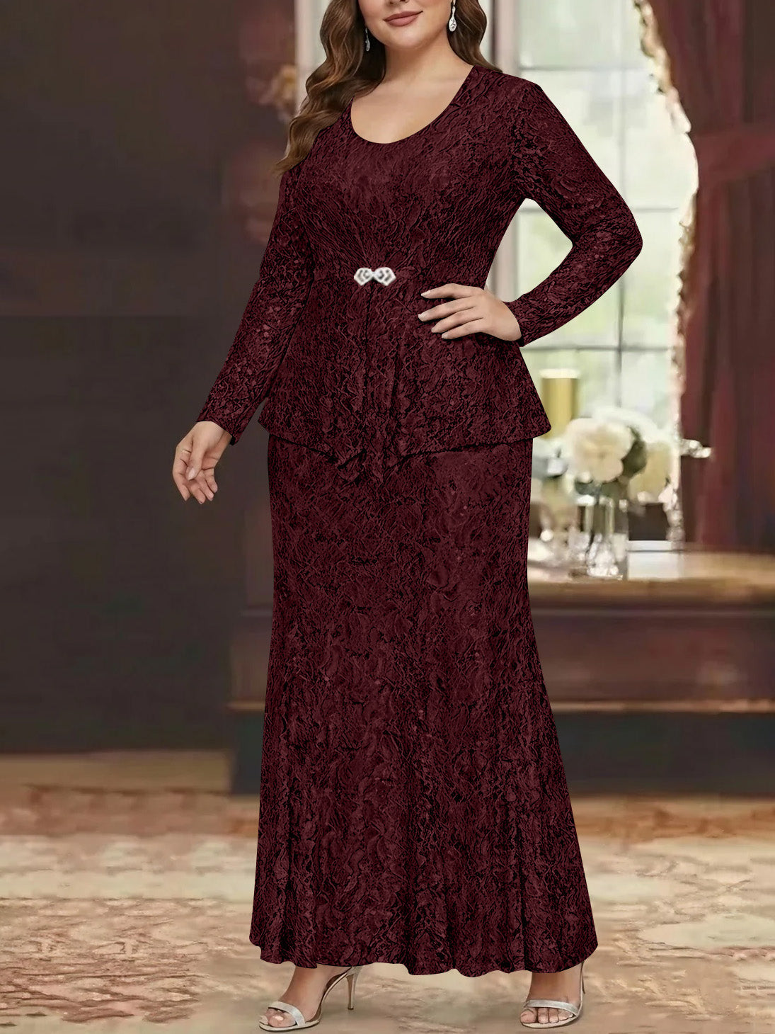 A Line Princess 2 Pieces Scoop Lace Plus Size Mother Of The Bride Dresses With Jacket Long Sleeves Ankle Length