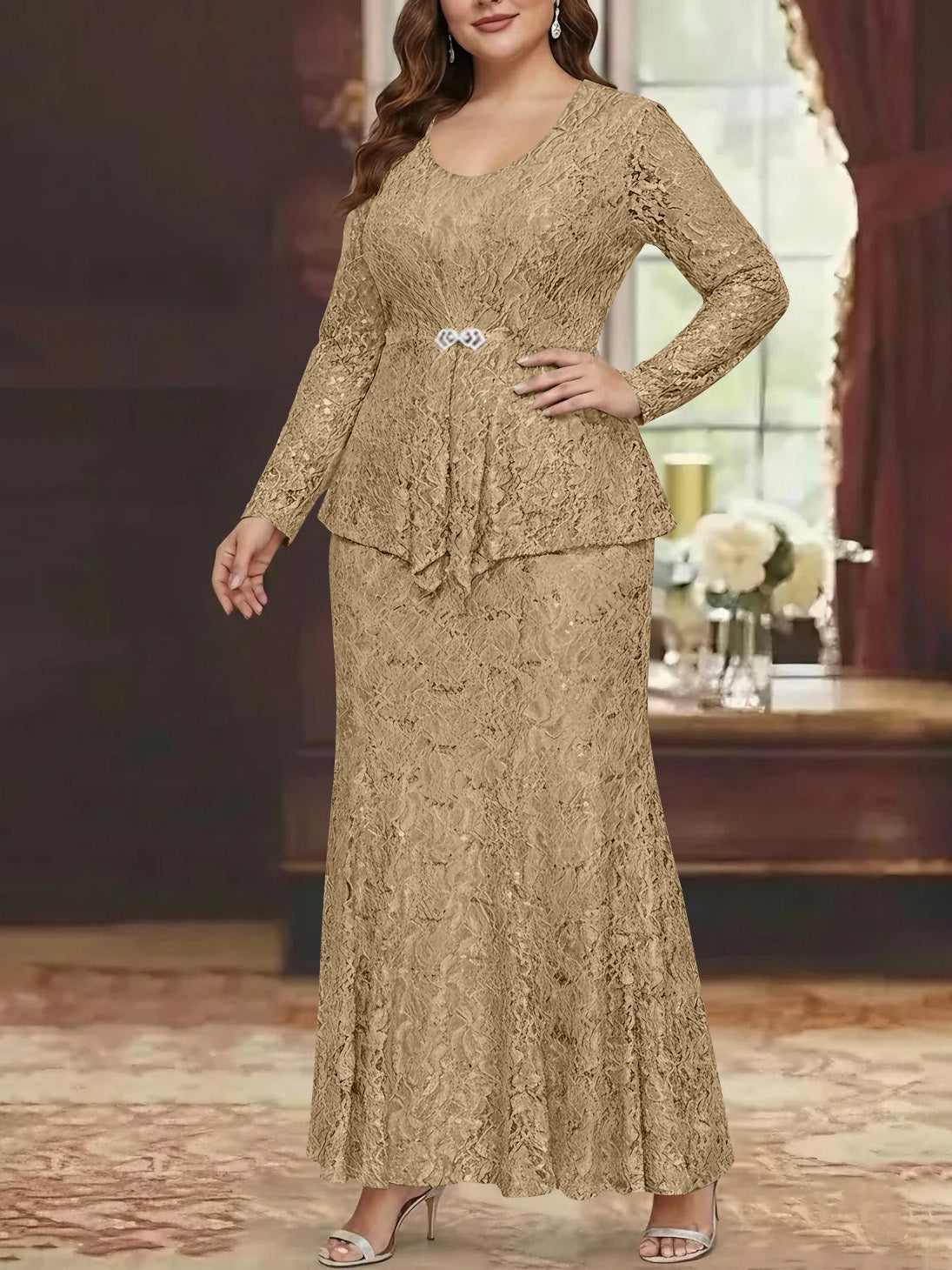 A Line Princess 2 Pieces Scoop Lace Plus Size Mother Of The Bride Dresses With Jacket Long Sleeves Ankle Length