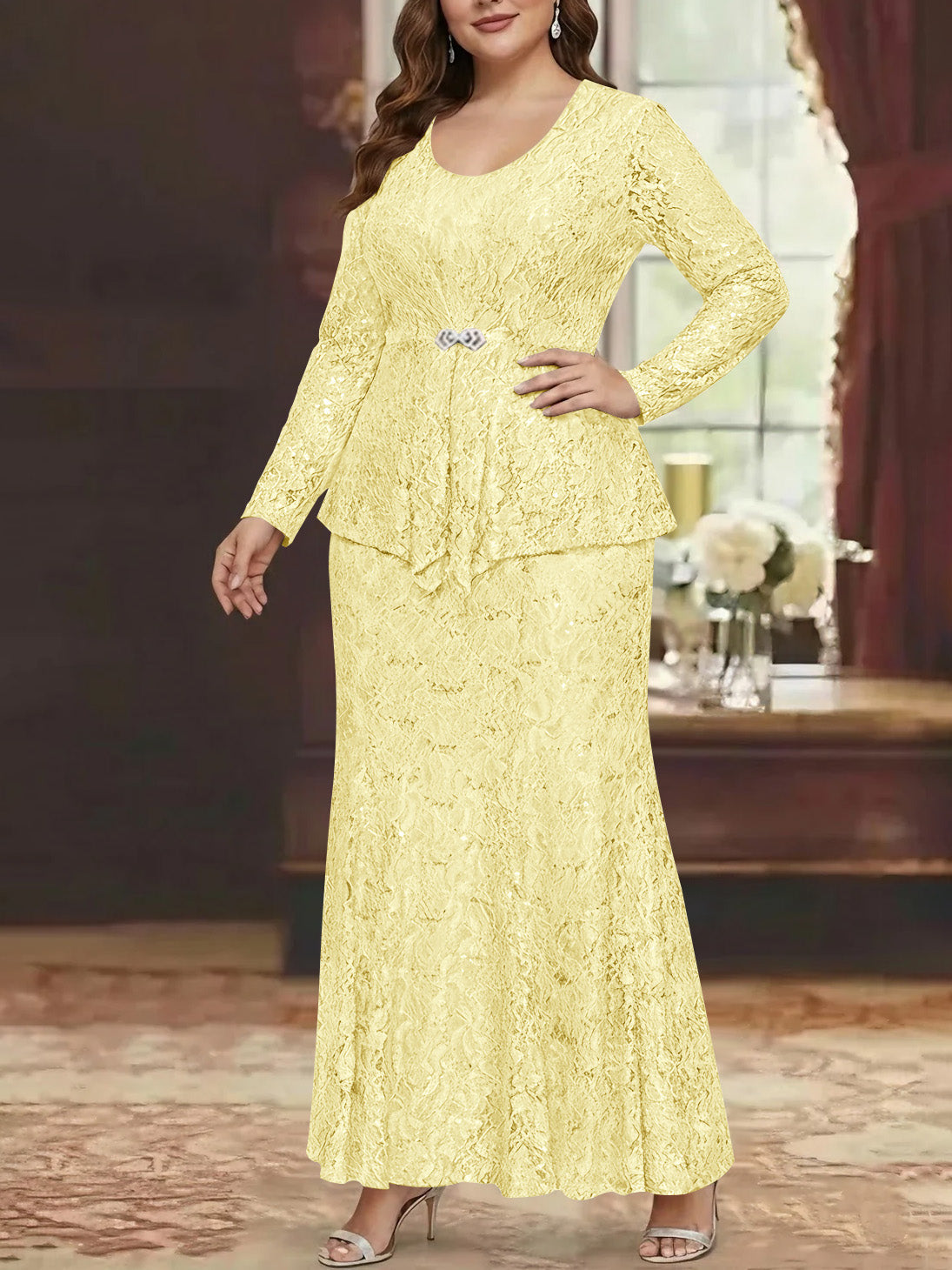 A Line Princess 2 Pieces Scoop Lace Plus Size Mother Of The Bride Dresses With Jacket Long Sleeves Ankle Length