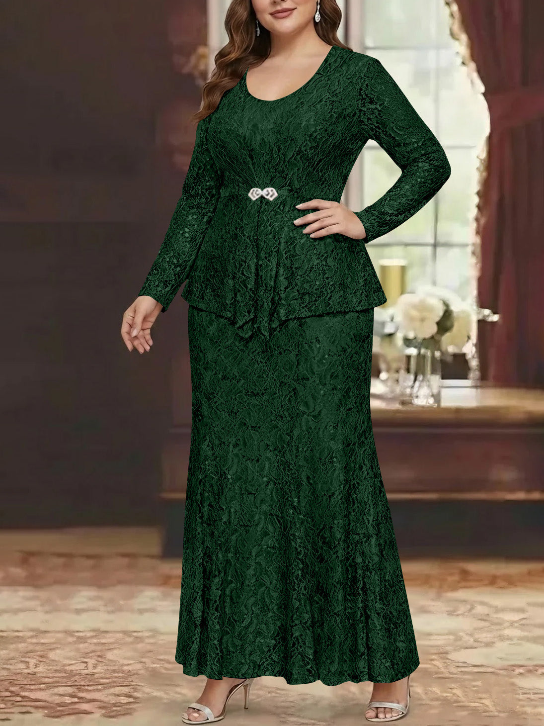 A Line Princess 2 Pieces Scoop Lace Plus Size Mother Of The Bride Dresses With Jacket Long Sleeves Ankle Length