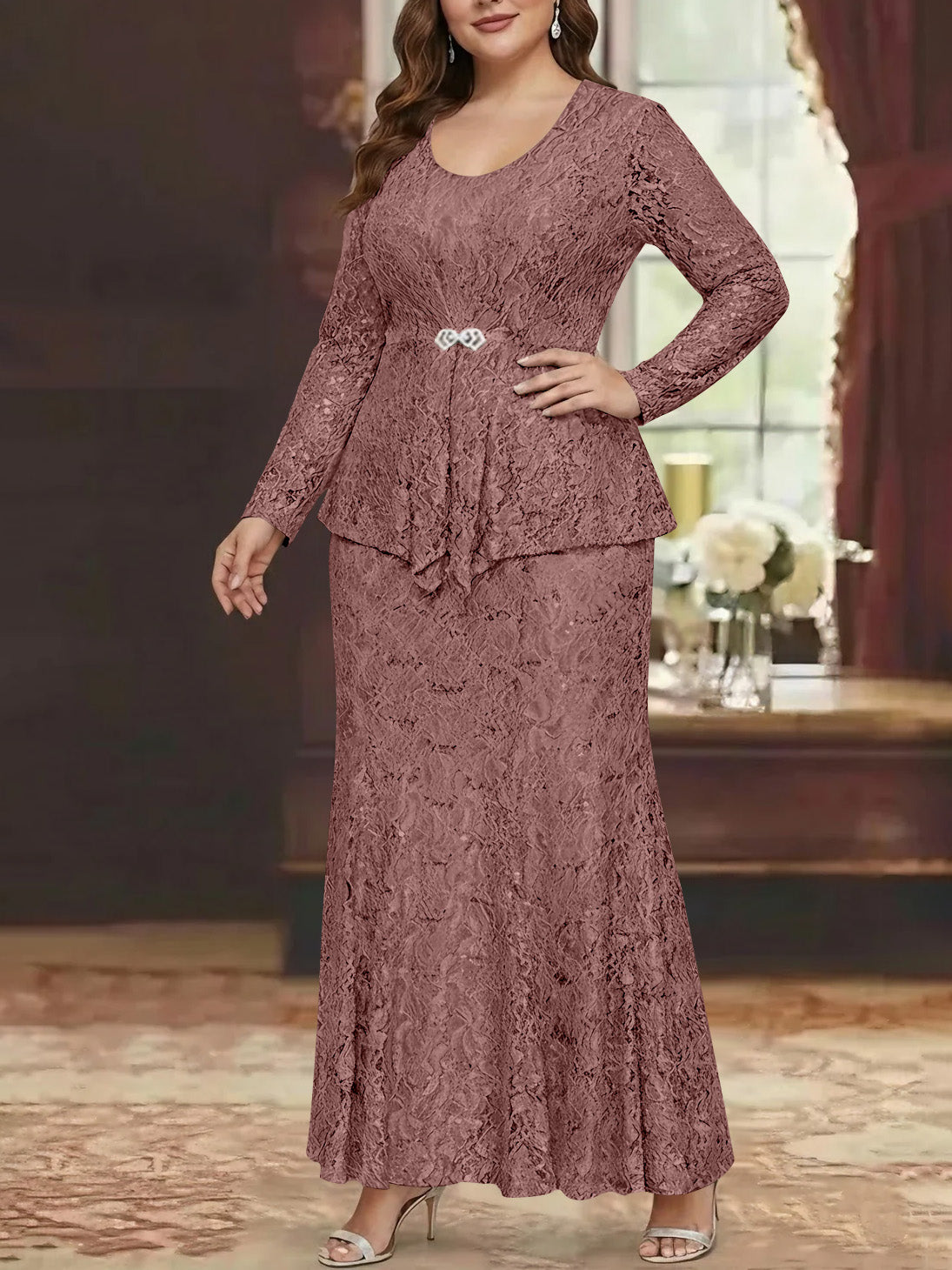 A Line Princess 2 Pieces Scoop Lace Plus Size Mother Of The Bride Dresses With Jacket Long Sleeves Ankle Length