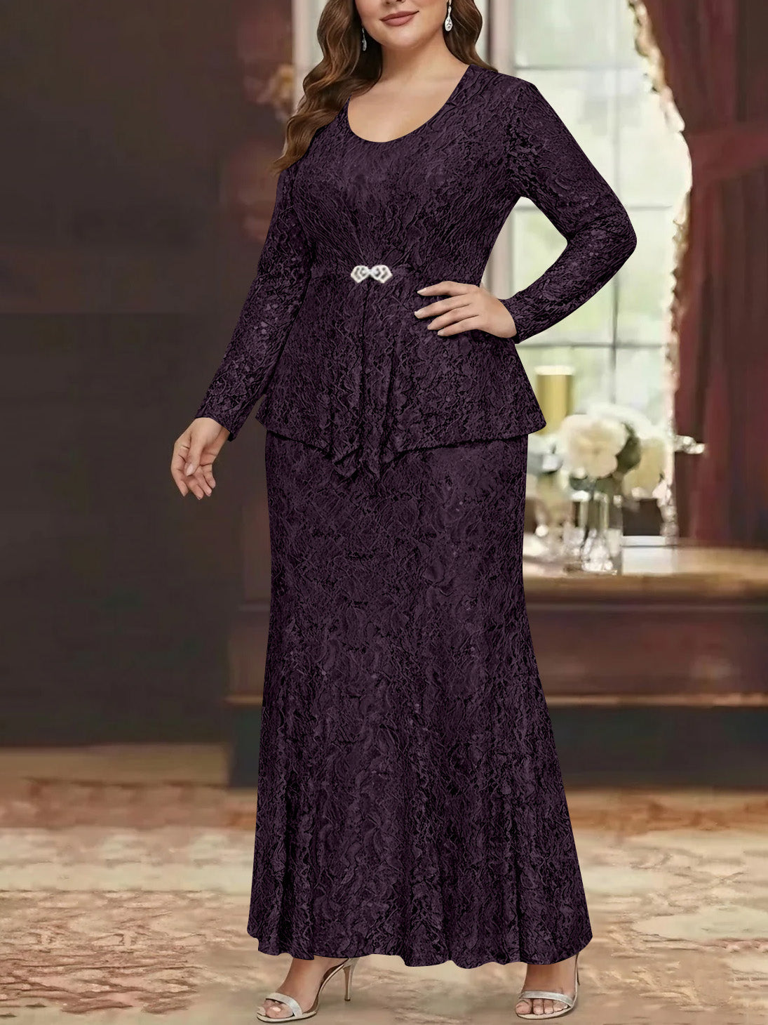 A Line Princess 2 Pieces Scoop Lace Plus Size Mother Of The Bride Dresses With Jacket Long Sleeves Ankle Length