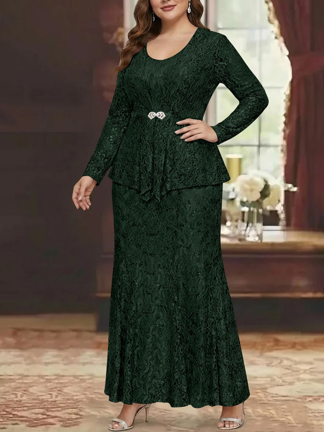 A Line Princess 2 Pieces Scoop Lace Plus Size Mother Of The Bride Dresses With Jacket Long Sleeves Ankle Length