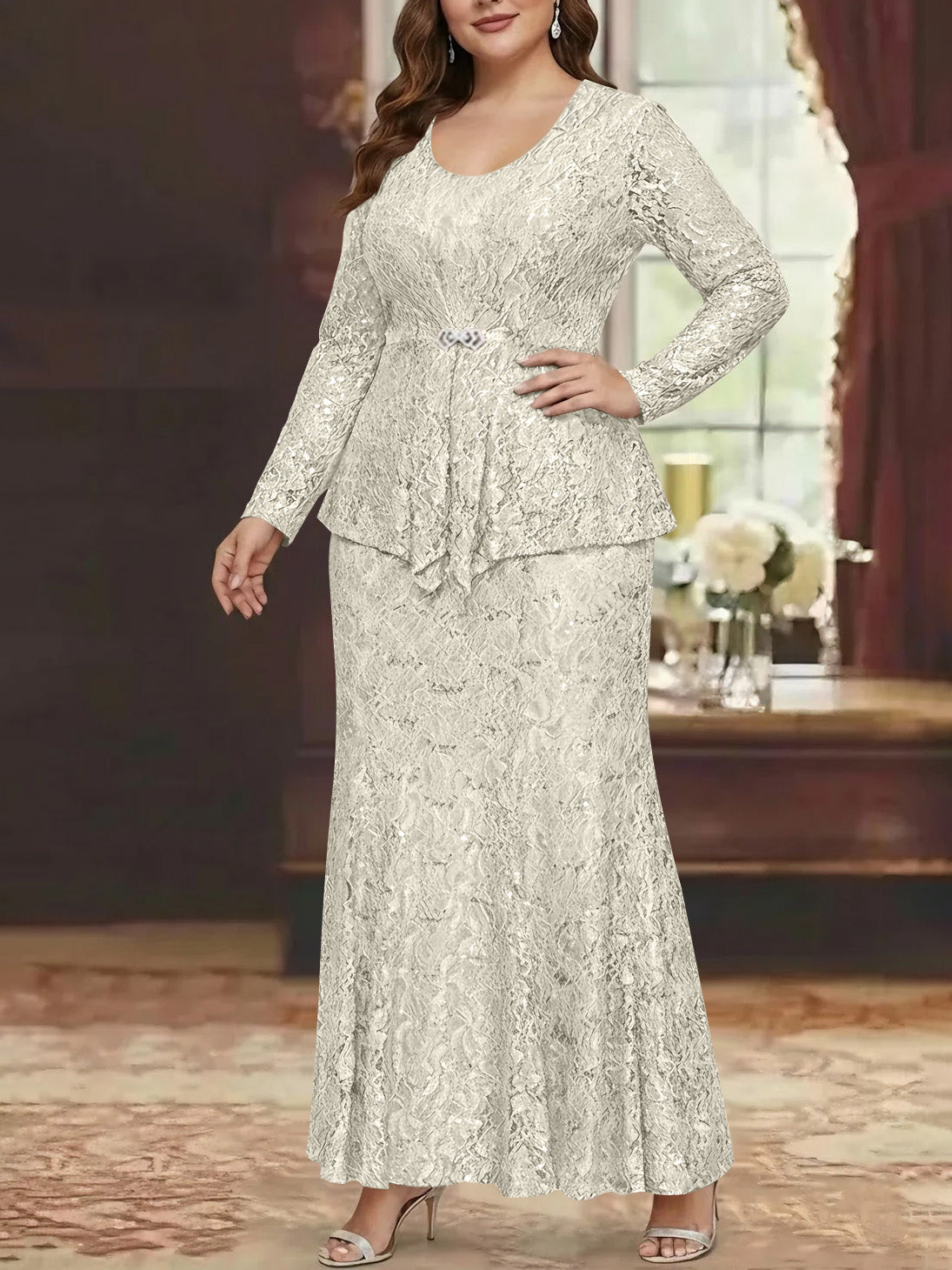 A Line Princess 2 Pieces Scoop Lace Plus Size Mother Of The Bride Dresses With Jacket Long Sleeves Ankle Length