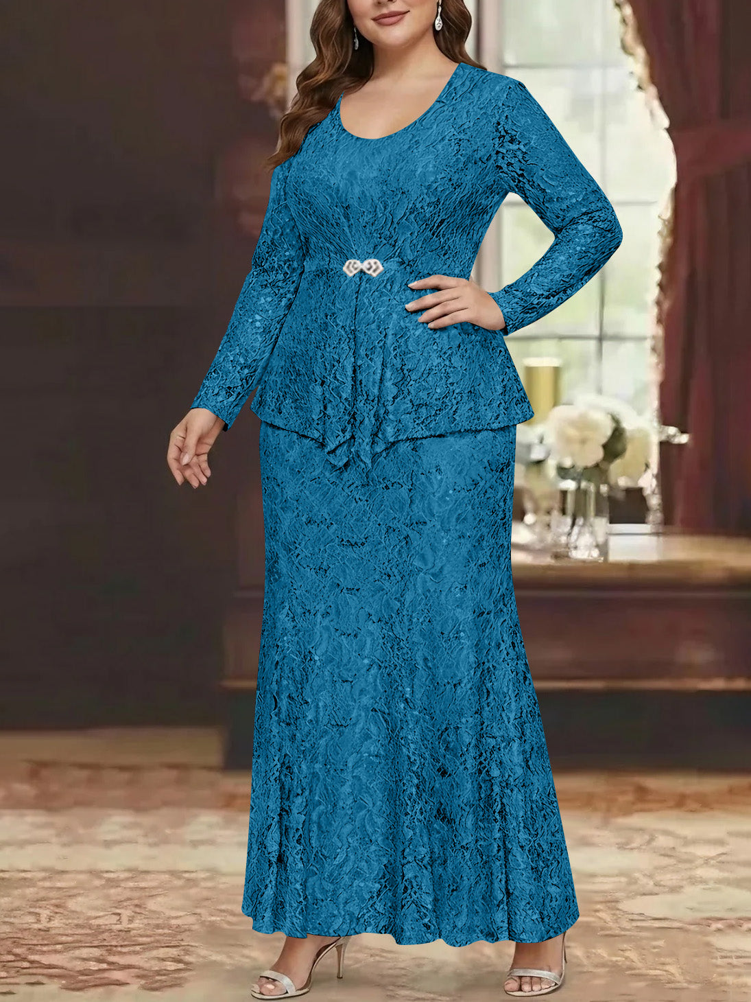 A Line Princess 2 Pieces Scoop Lace Plus Size Mother Of The Bride Dresses With Jacket Long Sleeves Ankle Length