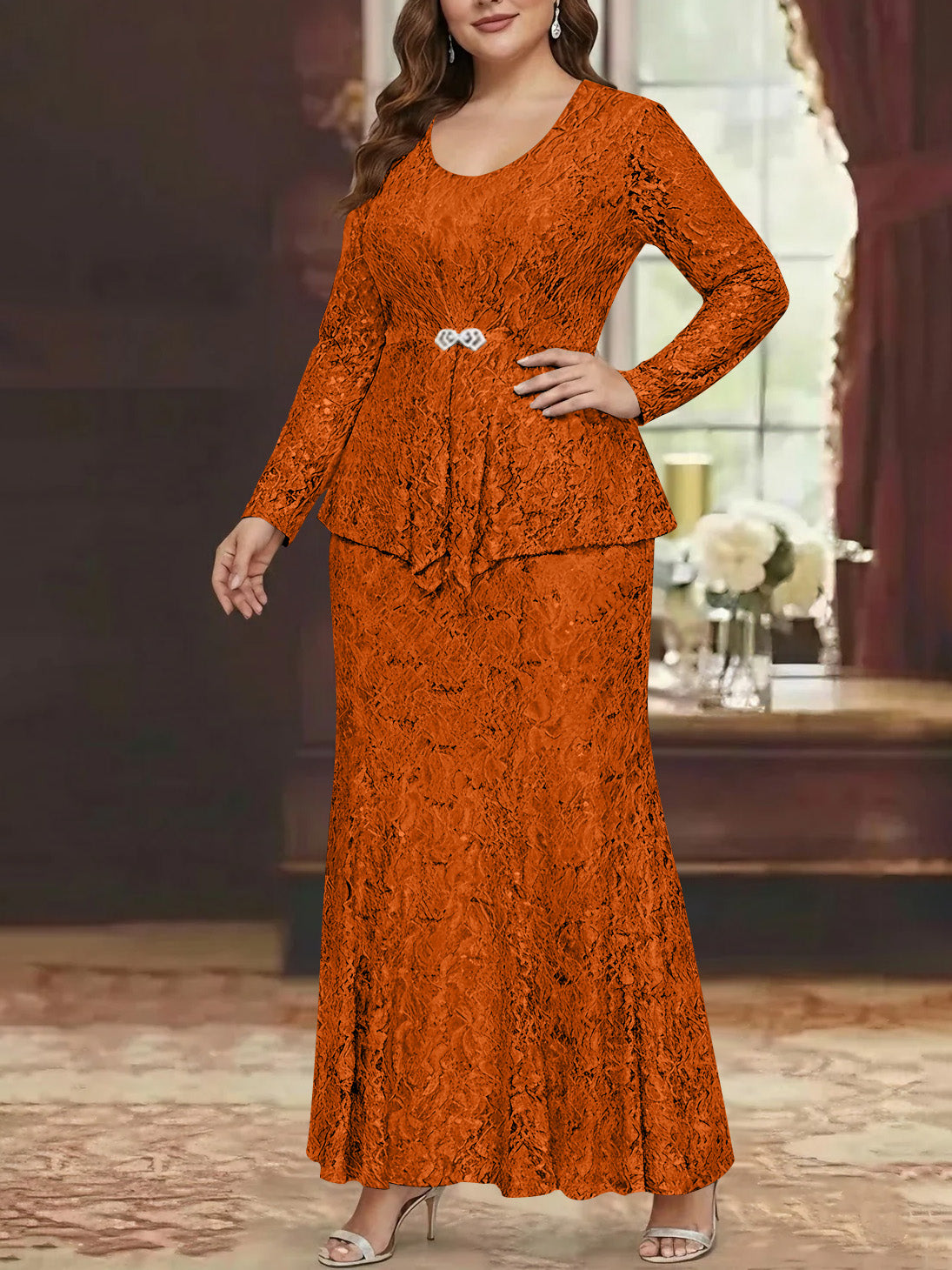 A Line Princess 2 Pieces Scoop Lace Plus Size Mother Of The Bride Dresses With Jacket Long Sleeves Ankle Length