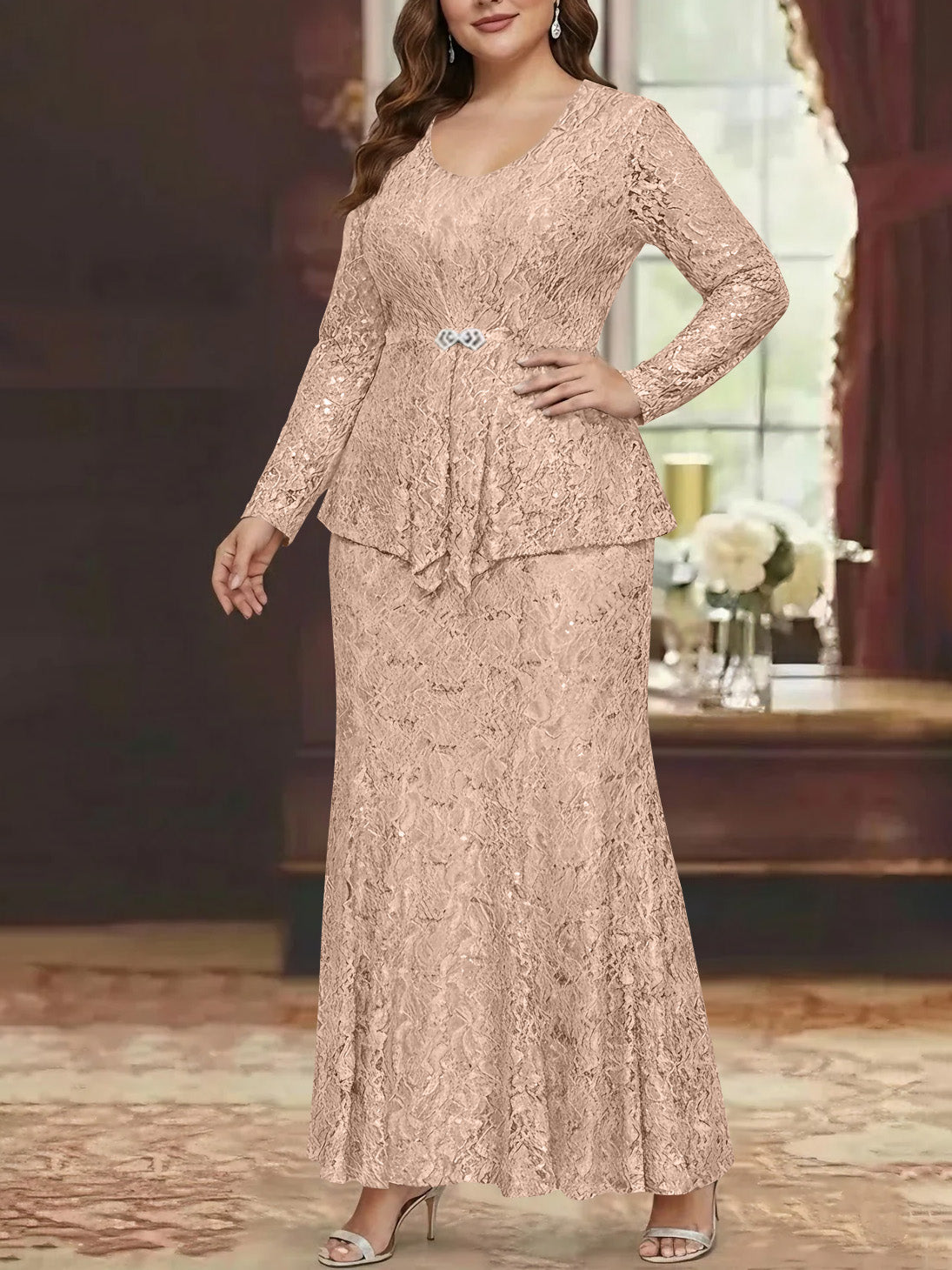 A Line Princess 2 Pieces Scoop Lace Plus Size Mother Of The Bride Dresses With Jacket Long Sleeves Ankle Length