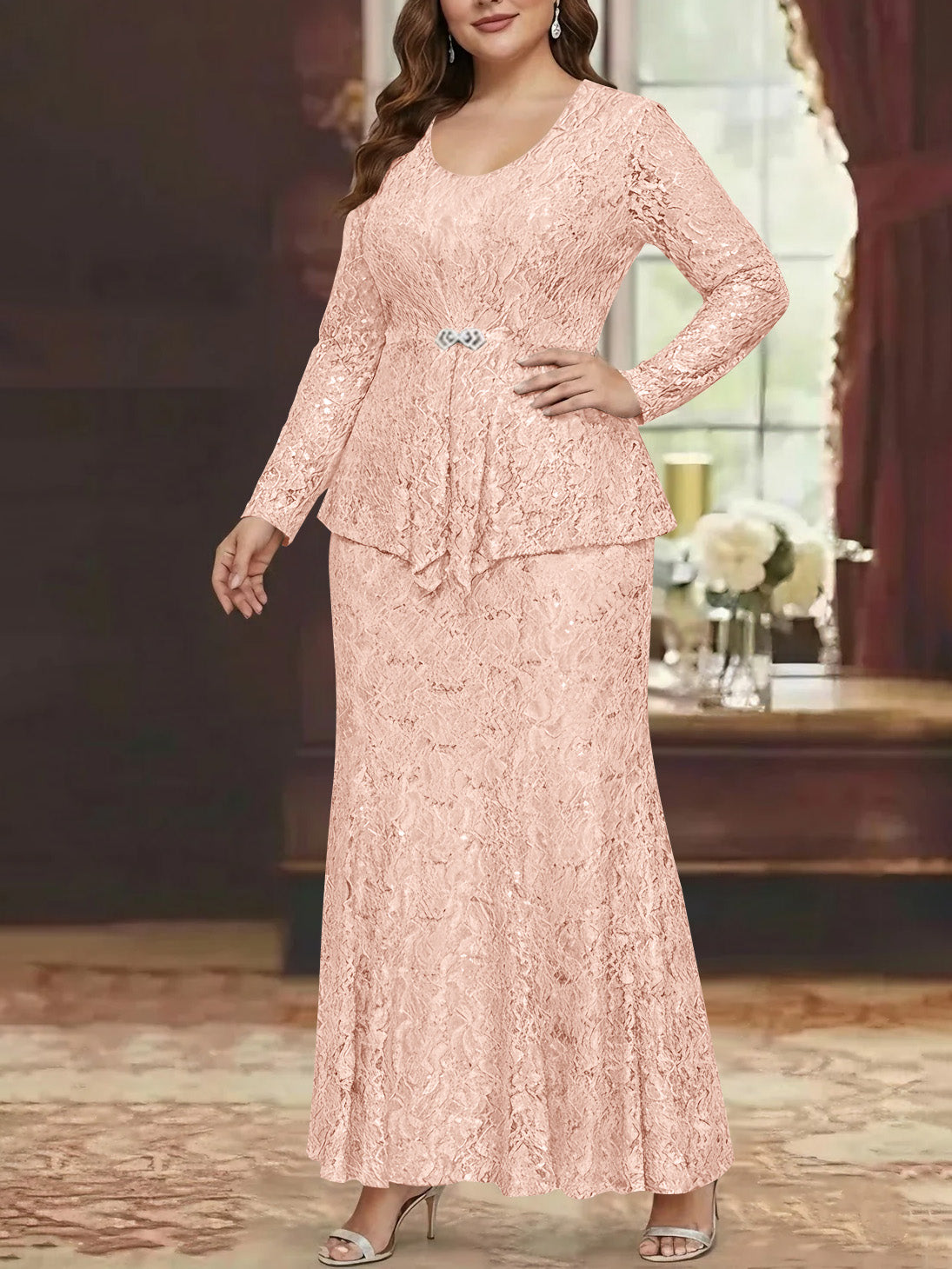 A Line Princess 2 Pieces Scoop Lace Plus Size Mother Of The Bride Dresses With Jacket Long Sleeves Ankle Length