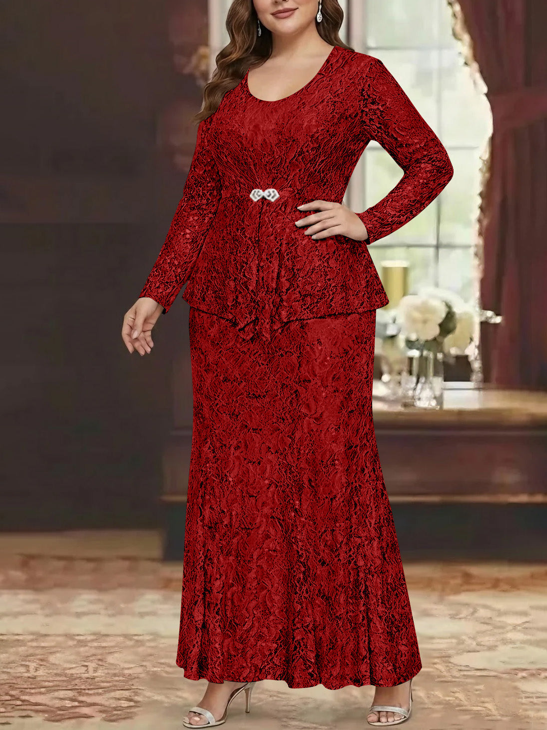 A Line Princess 2 Pieces Scoop Lace Plus Size Mother Of The Bride Dresses With Jacket Long Sleeves Ankle Length