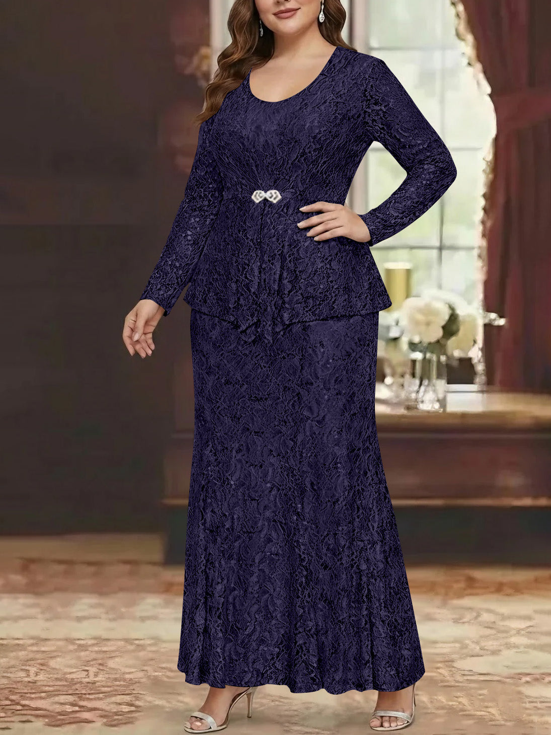 A Line Princess 2 Pieces Scoop Lace Plus Size Mother Of The Bride Dresses With Jacket Long Sleeves Ankle Length