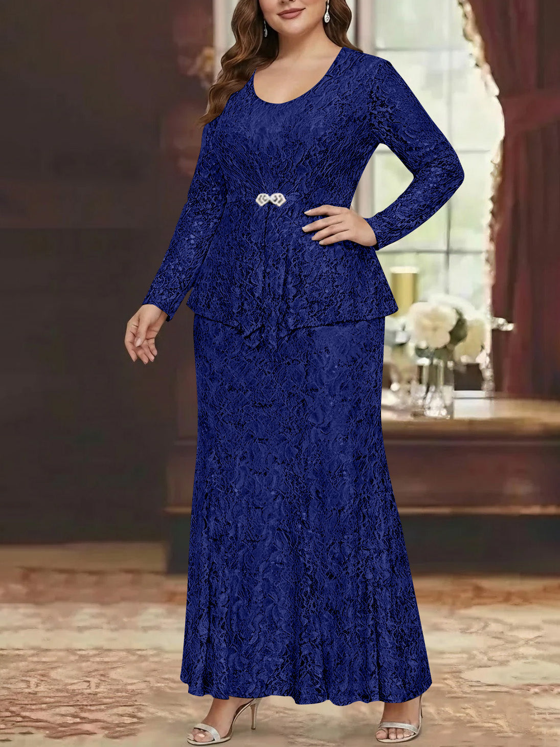 A Line Princess 2 Pieces Scoop Lace Plus Size Mother Of The Bride Dresses With Jacket Long Sleeves Ankle Length