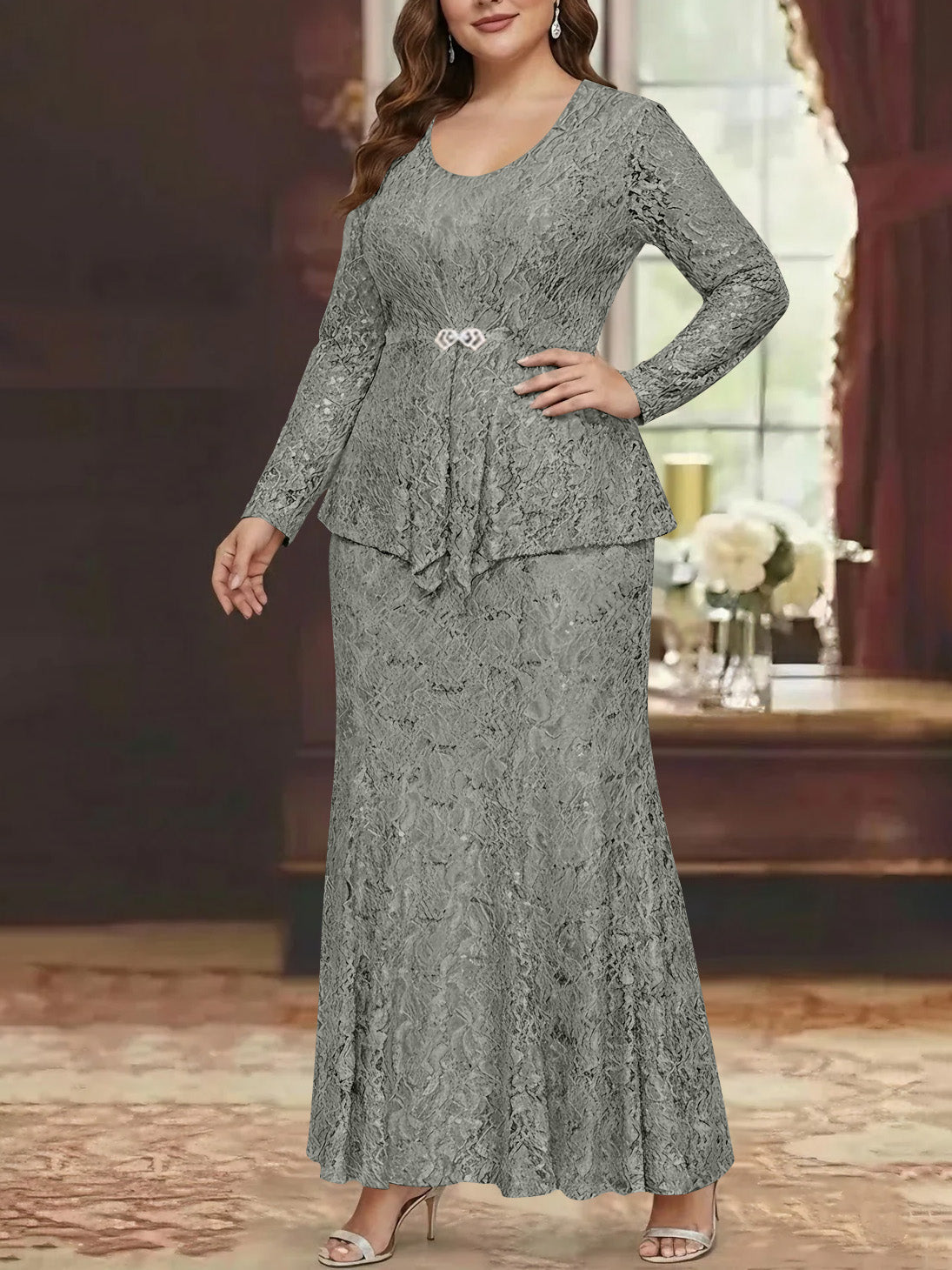 A Line Princess 2 Pieces Scoop Lace Plus Size Mother Of The Bride Dresses With Jacket Long Sleeves Ankle Length