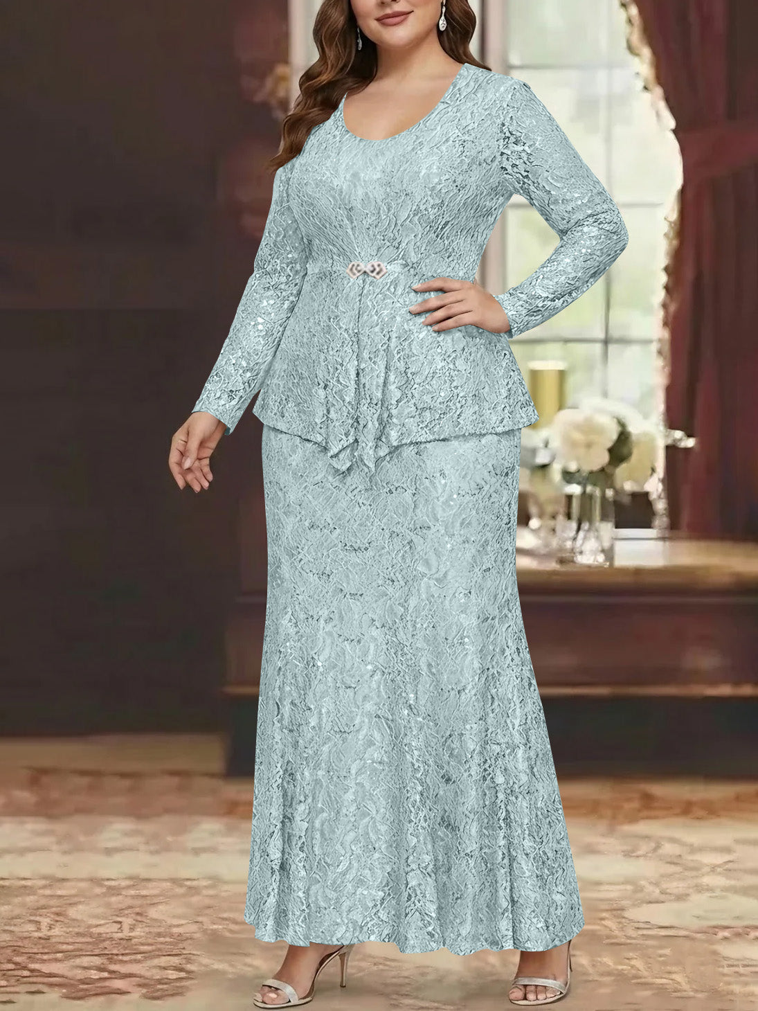 A Line Princess 2 Pieces Scoop Lace Plus Size Mother Of The Bride Dresses With Jacket Long Sleeves Ankle Length