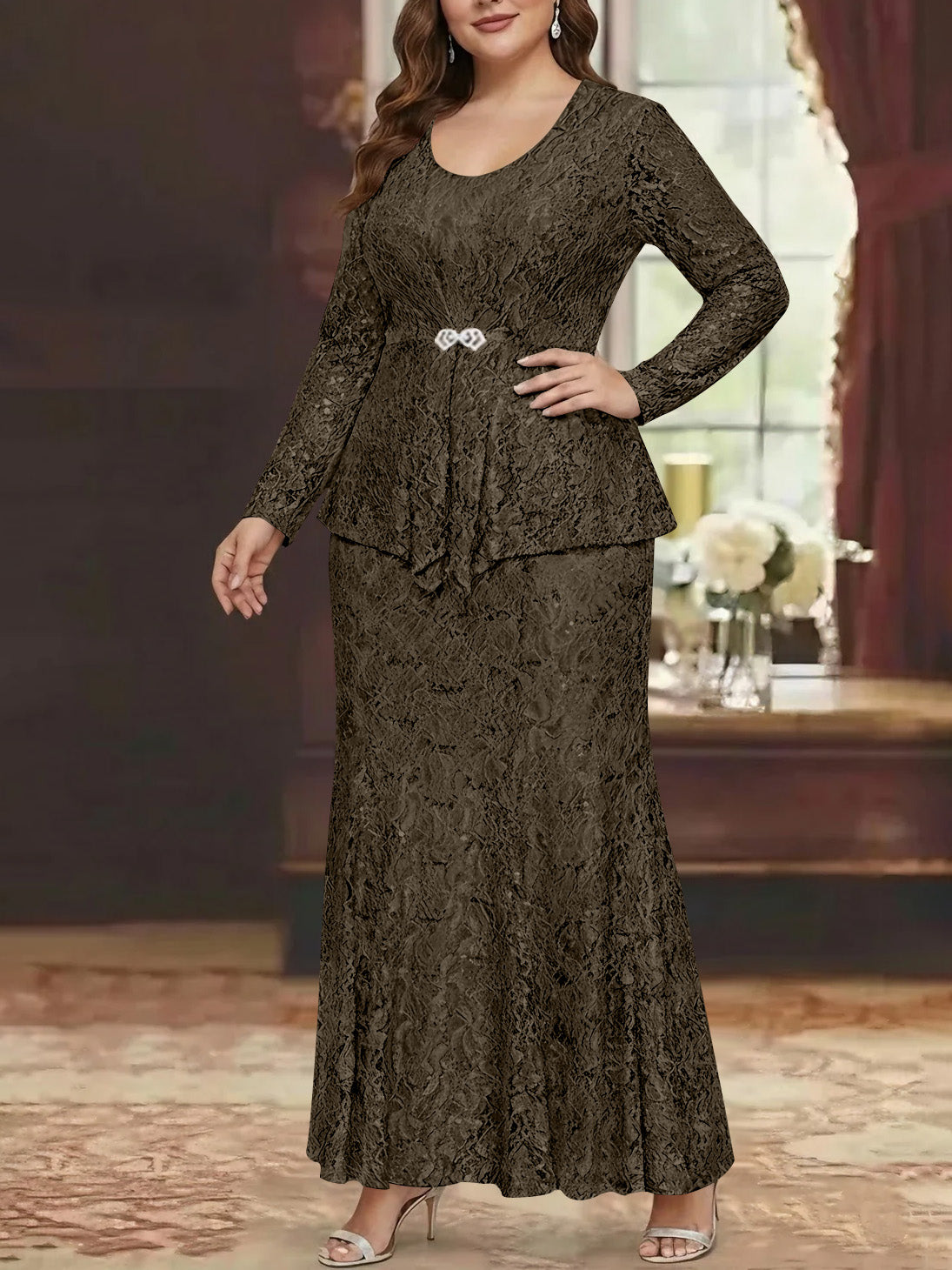 A Line Princess 2 Pieces Scoop Lace Plus Size Mother Of The Bride Dresses With Jacket Long Sleeves Ankle Length