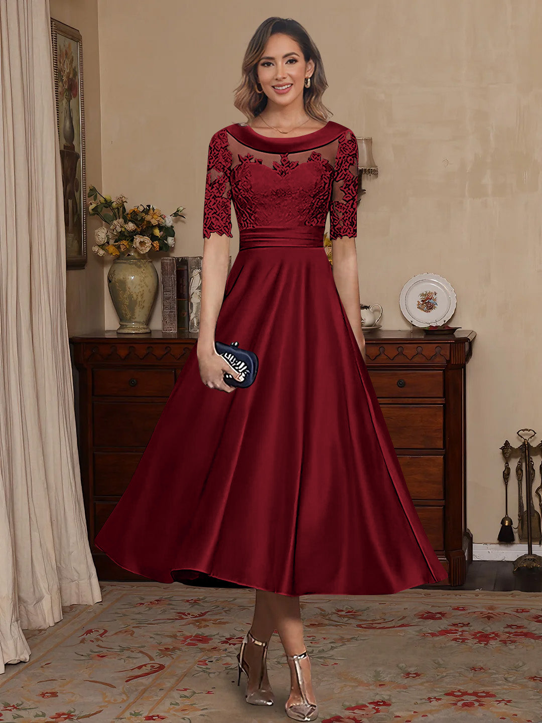 A Line Princess Scoop Satin Mother Of The Bride Dresses Lace Half Sleeves Tea Length