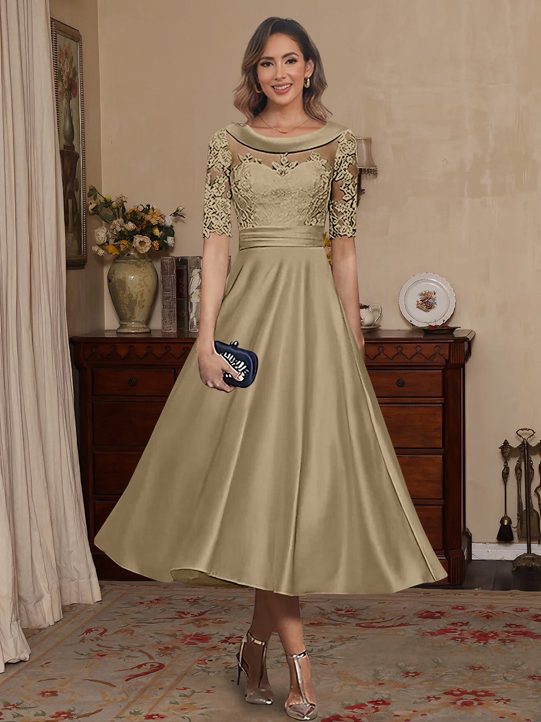 A Line Princess Scoop Satin Mother Of The Bride Dresses Lace Half Sleeves Tea Length