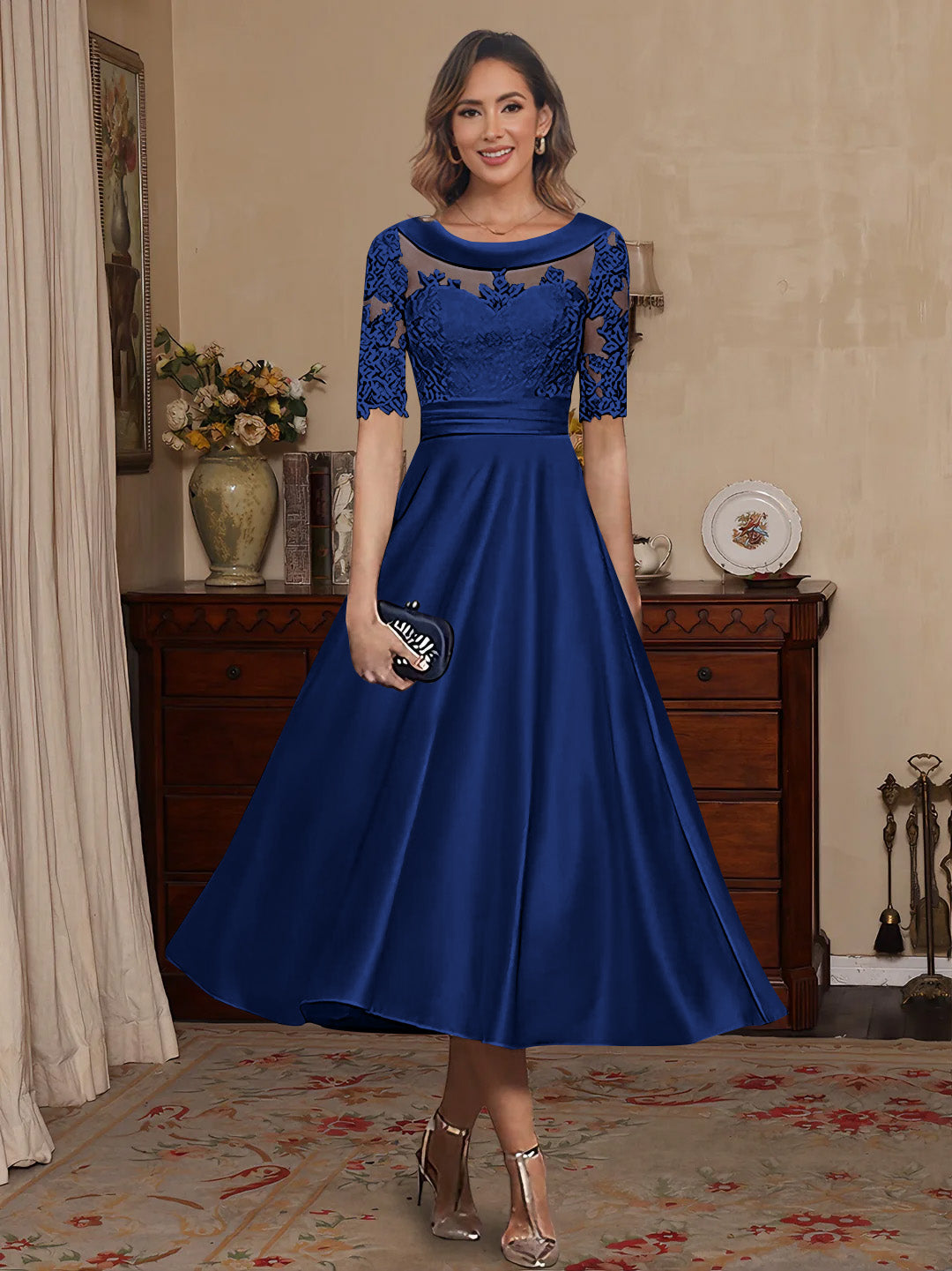 A Line Princess Scoop Satin Mother Of The Bride Dresses Lace Half Sleeves Tea Length