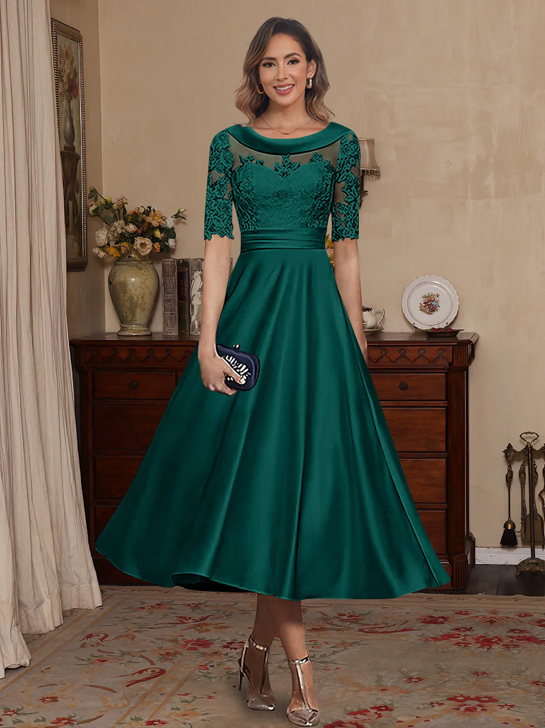 A Line Princess Scoop Satin Mother Of The Bride Dresses Lace Half Sleeves Tea Length