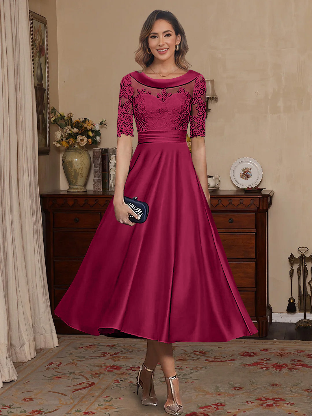 A Line Princess Scoop Satin Mother Of The Bride Dresses Lace Half Sleeves Tea Length