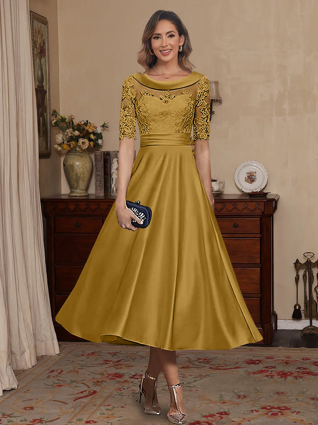A Line Princess Scoop Satin Mother Of The Bride Dresses Lace Half Sleeves Tea Length