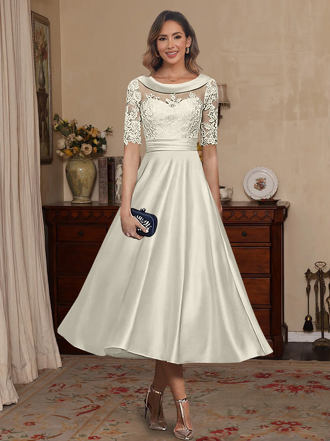 A Line Princess Scoop Satin Mother Of The Bride Dresses Lace Half Sleeves Tea Length