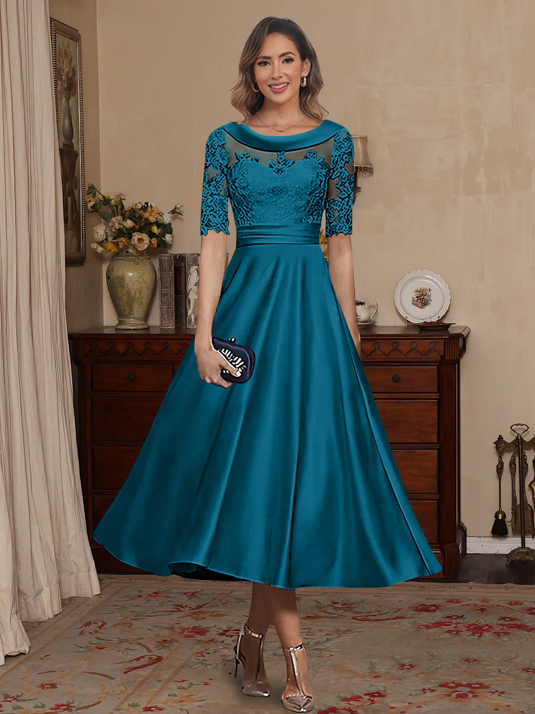 A Line Princess Scoop Satin Mother Of The Bride Dresses Lace Half Sleeves Tea Length