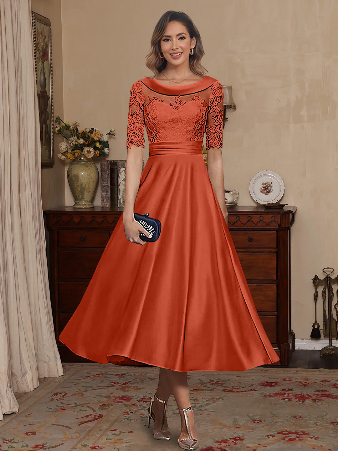 A Line Princess Scoop Satin Mother Of The Bride Dresses Lace Half Sleeves Tea Length