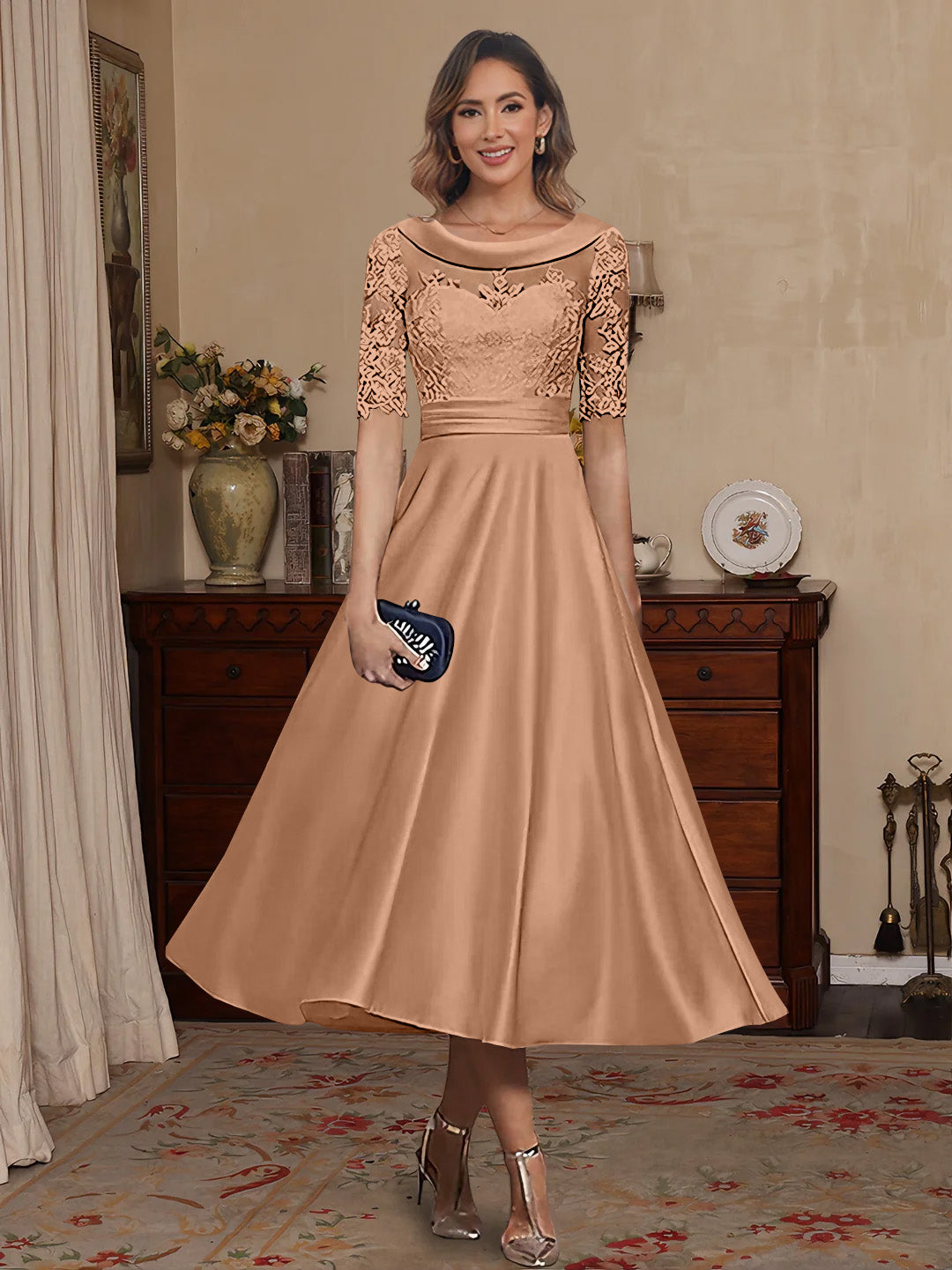 A Line Princess Scoop Satin Mother Of The Bride Dresses Lace Half Sleeves Tea Length