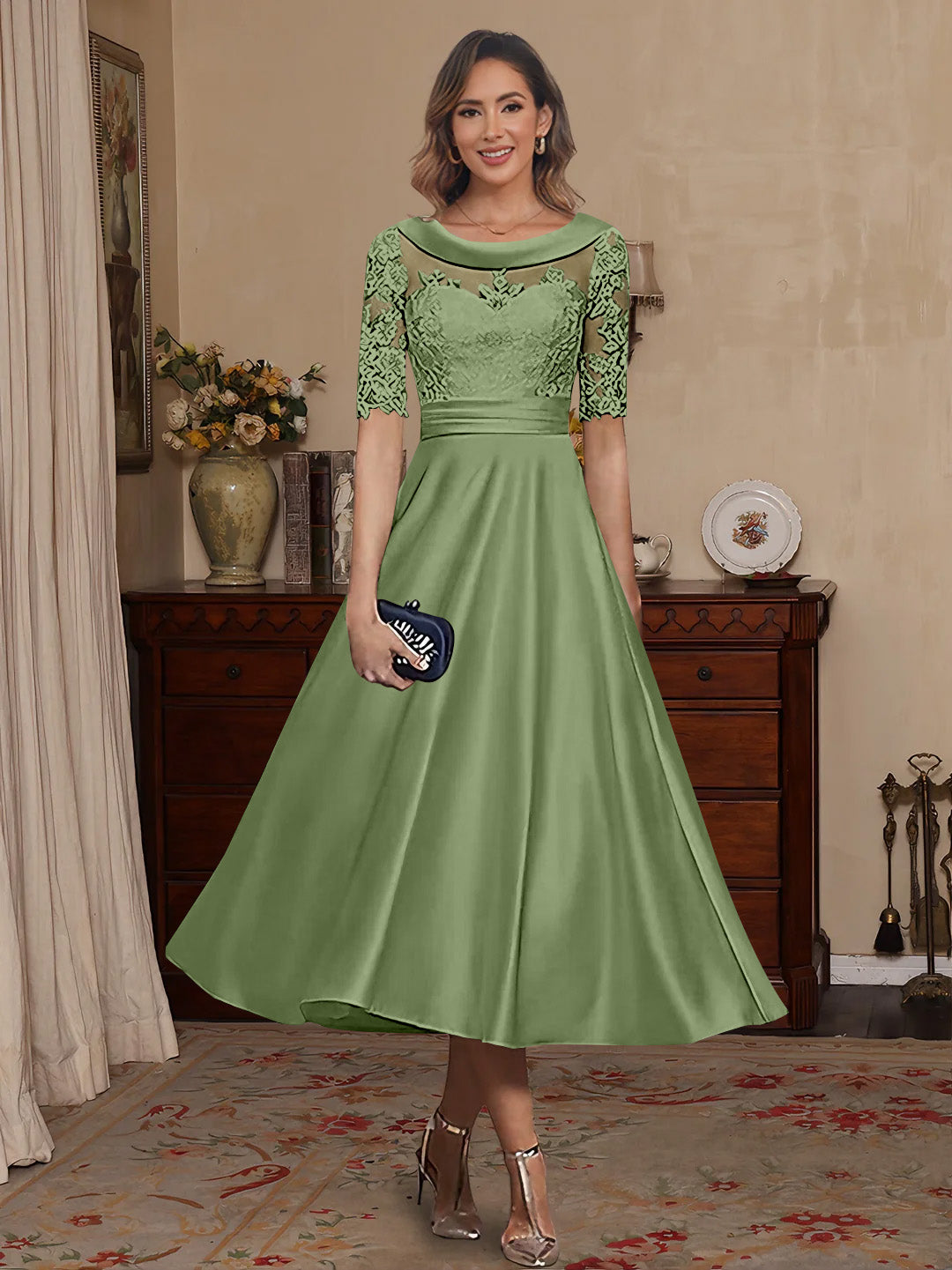 A Line Princess Scoop Satin Mother Of The Bride Dresses Lace Half Sleeves Tea Length