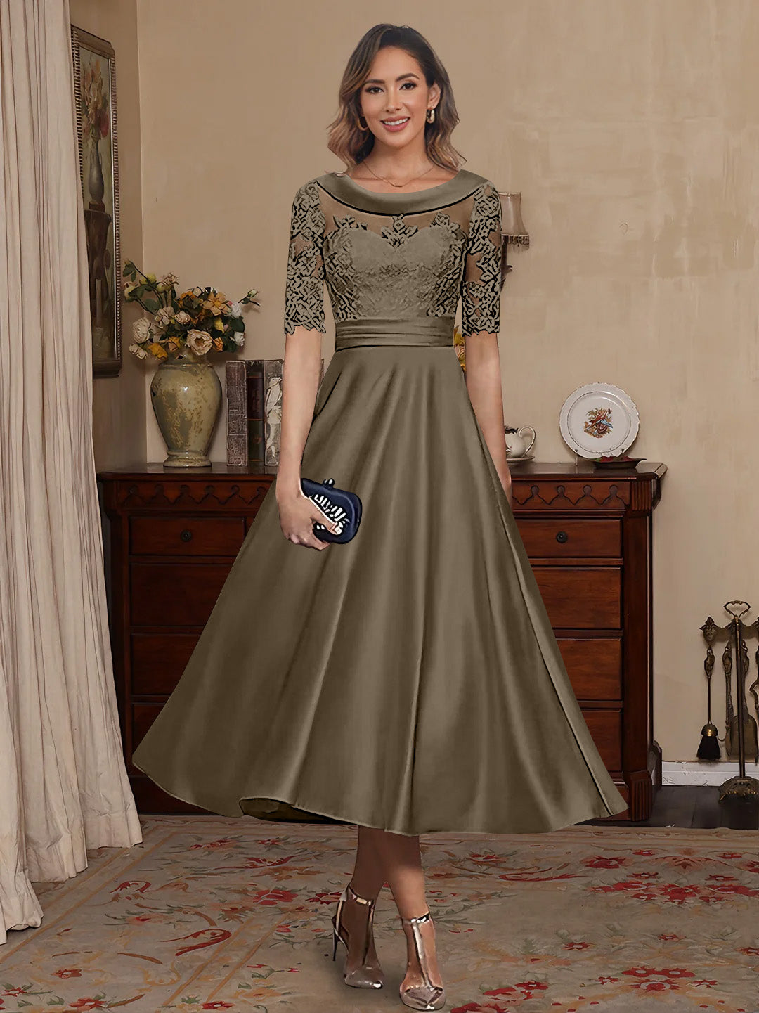 A Line Princess Scoop Satin Mother Of The Bride Dresses Lace Half Sleeves Tea Length