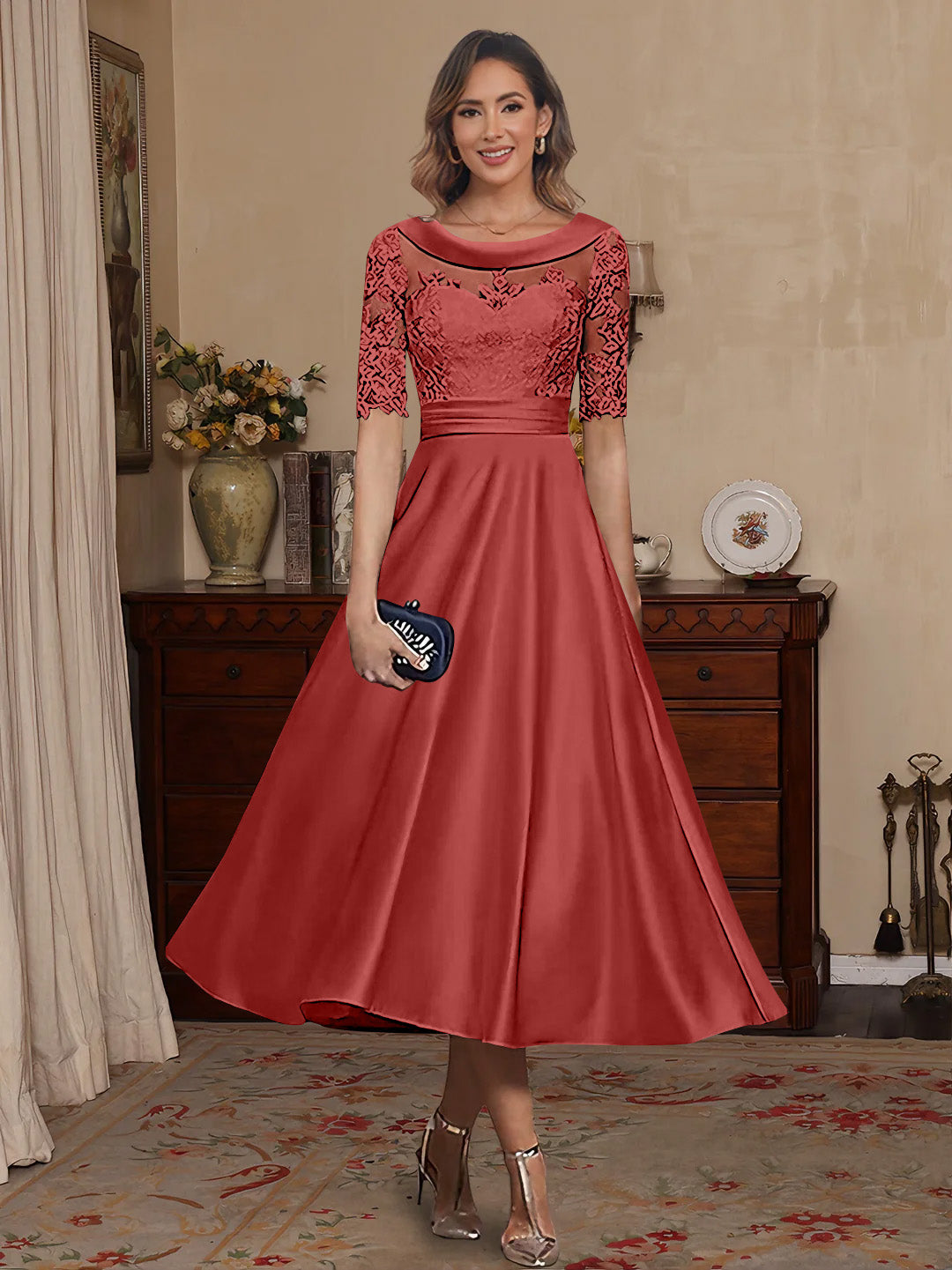 A Line Princess Scoop Satin Mother Of The Bride Dresses Lace Half Sleeves Tea Length