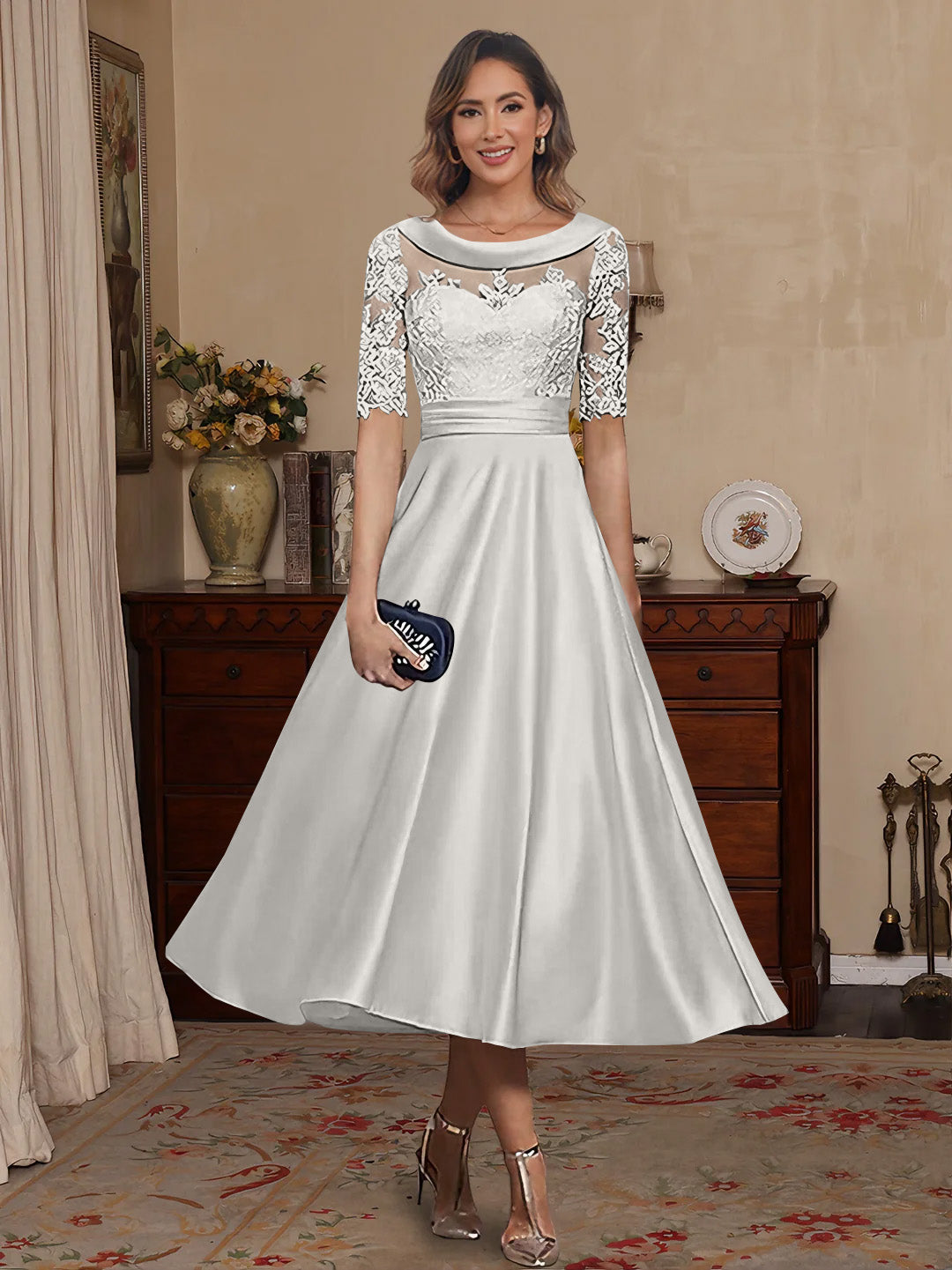 A Line Princess Scoop Satin Mother Of The Bride Dresses Lace Half Sleeves Tea Length