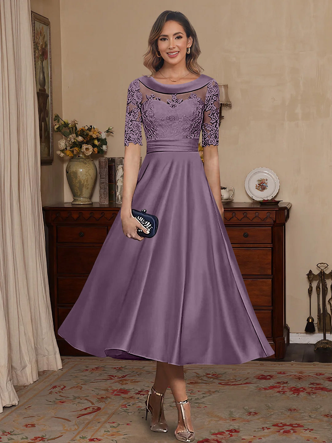 A Line Princess Scoop Satin Mother Of The Bride Dresses Lace Half Sleeves Tea Length